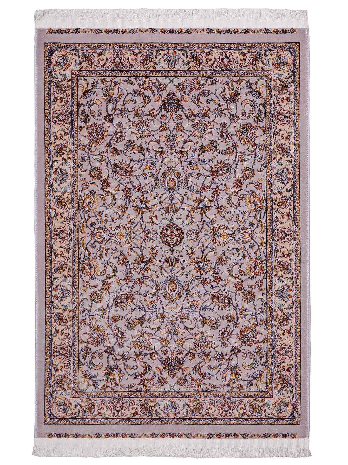 Ghom Maschinenteppich "Afridun" 90 x 60 cm aus pflanzlicher Seide (Viskose) mit Allover-Design, Silber-Grau. Teppichnummer: V2SV054M. Persian Luxury Collection by Khademi. Made in Iran / Persia – Vertrieb durch JUPITER Intl.
