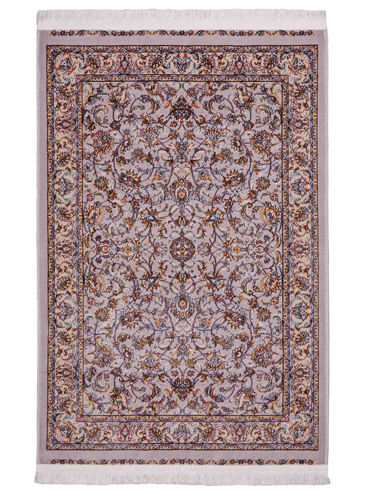 Ghom Maschinenteppich "Afridun" 90 x 60 cm aus pflanzlicher Seide (Viskose) mit Allover-Design, Silber-Grau. Teppichnummer: V2SV054M. Persian Luxury Collection by Khademi. Made in Iran / Persia – Vertrieb durch JUPITER Intl.