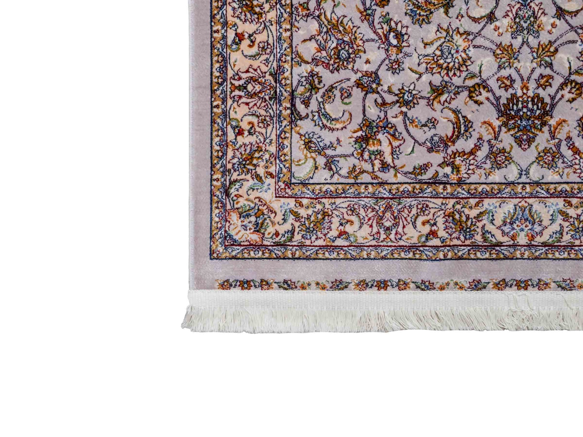 Ghom Maschinenteppich "Afridun" 90 x 60 cm aus pflanzlicher Seide (Viskose) mit Allover-Design, Silber-Grau. Teppichnummer: V2SV054M. Persian Luxury Collection by Khademi. Made in Iran / Persia – Vertrieb durch JUPITER Intl.