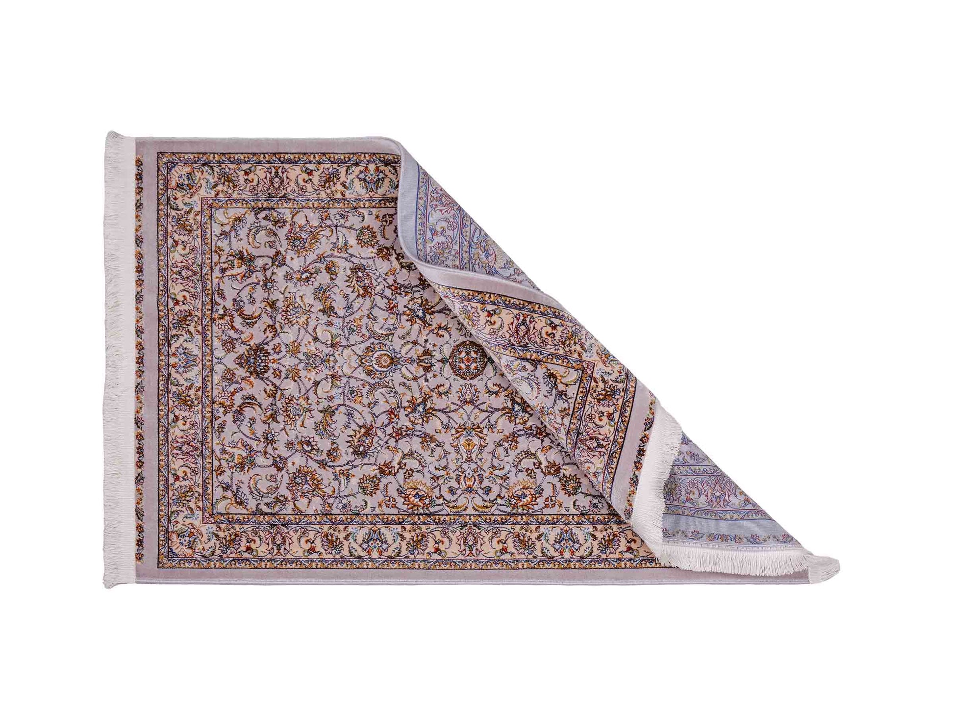Ghom Maschinenteppich "Afridun" 90 x 60 cm aus pflanzlicher Seide (Viskose) mit Allover-Design, Silber-Grau. Teppichnummer: V2SV054M. Persian Luxury Collection by Khademi. Made in Iran / Persia – Vertrieb durch JUPITER Intl.