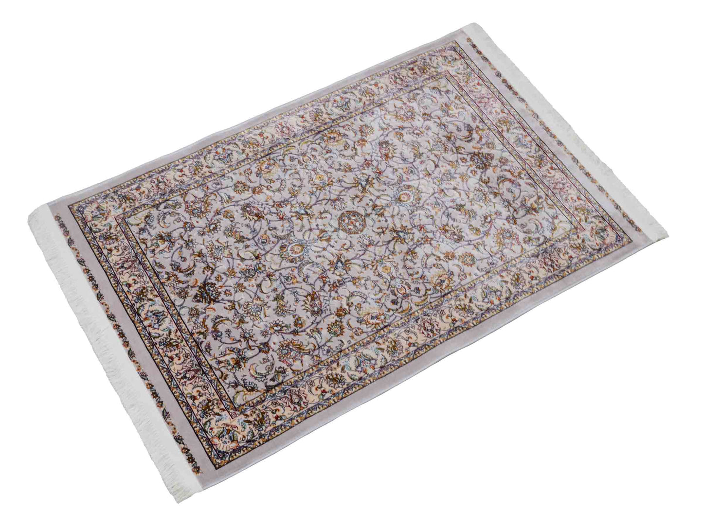 Ghom Maschinenteppich "Afridun" 90 x 60 cm aus pflanzlicher Seide (Viskose) mit Allover-Design, Silber-Grau. Teppichnummer: V2SV054M. Persian Luxury Collection by Khademi. Made in Iran / Persia – Vertrieb durch JUPITER Intl.