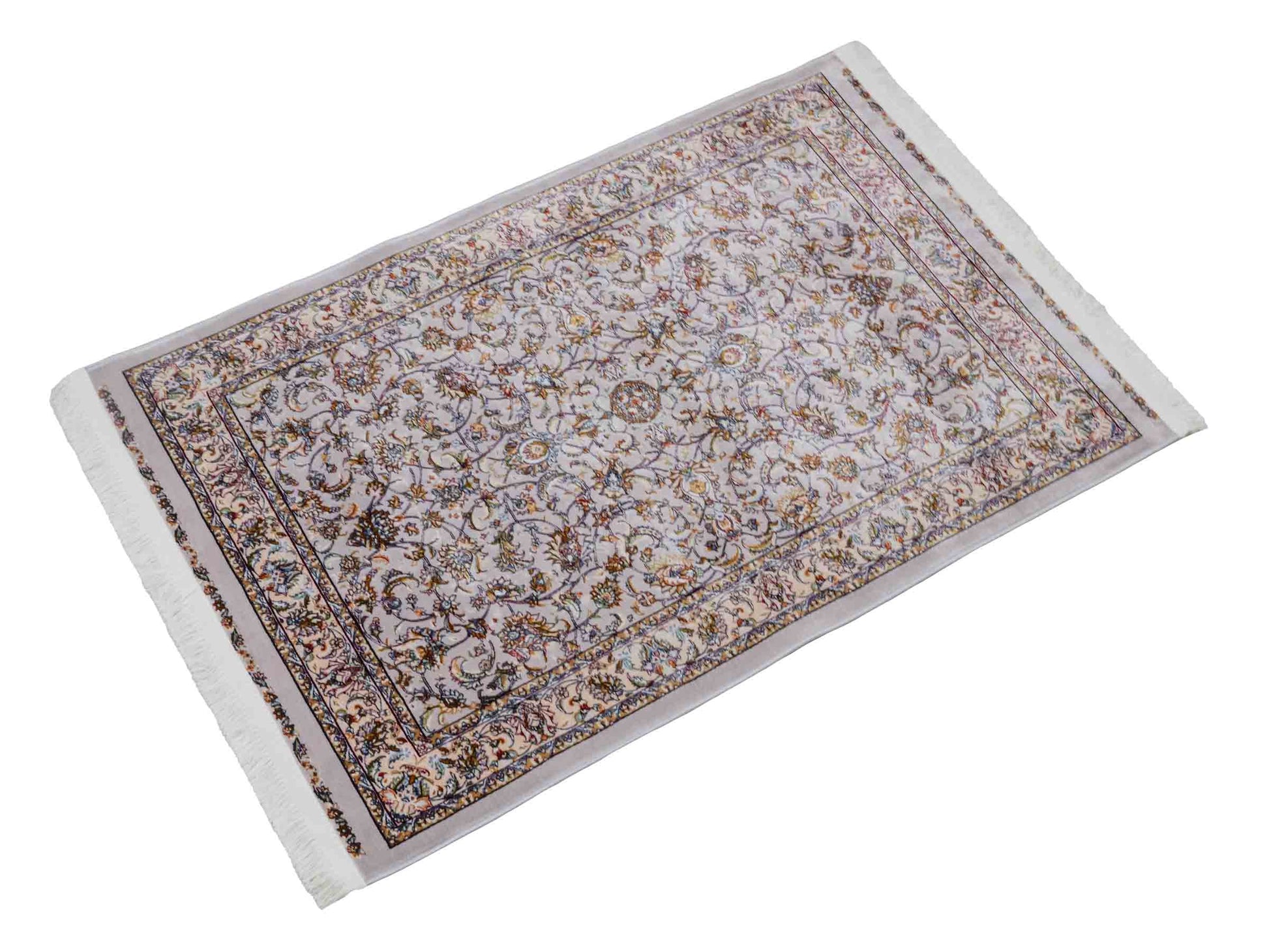 Ghom Maschinenteppich "Afridun" 90 x 60 cm aus pflanzlicher Seide (Viskose) mit Allover-Design, Silber-Grau. Teppichnummer: V2SV054M. Persian Luxury Collection by Khademi. Made in Iran / Persia – Vertrieb durch JUPITER Intl.
