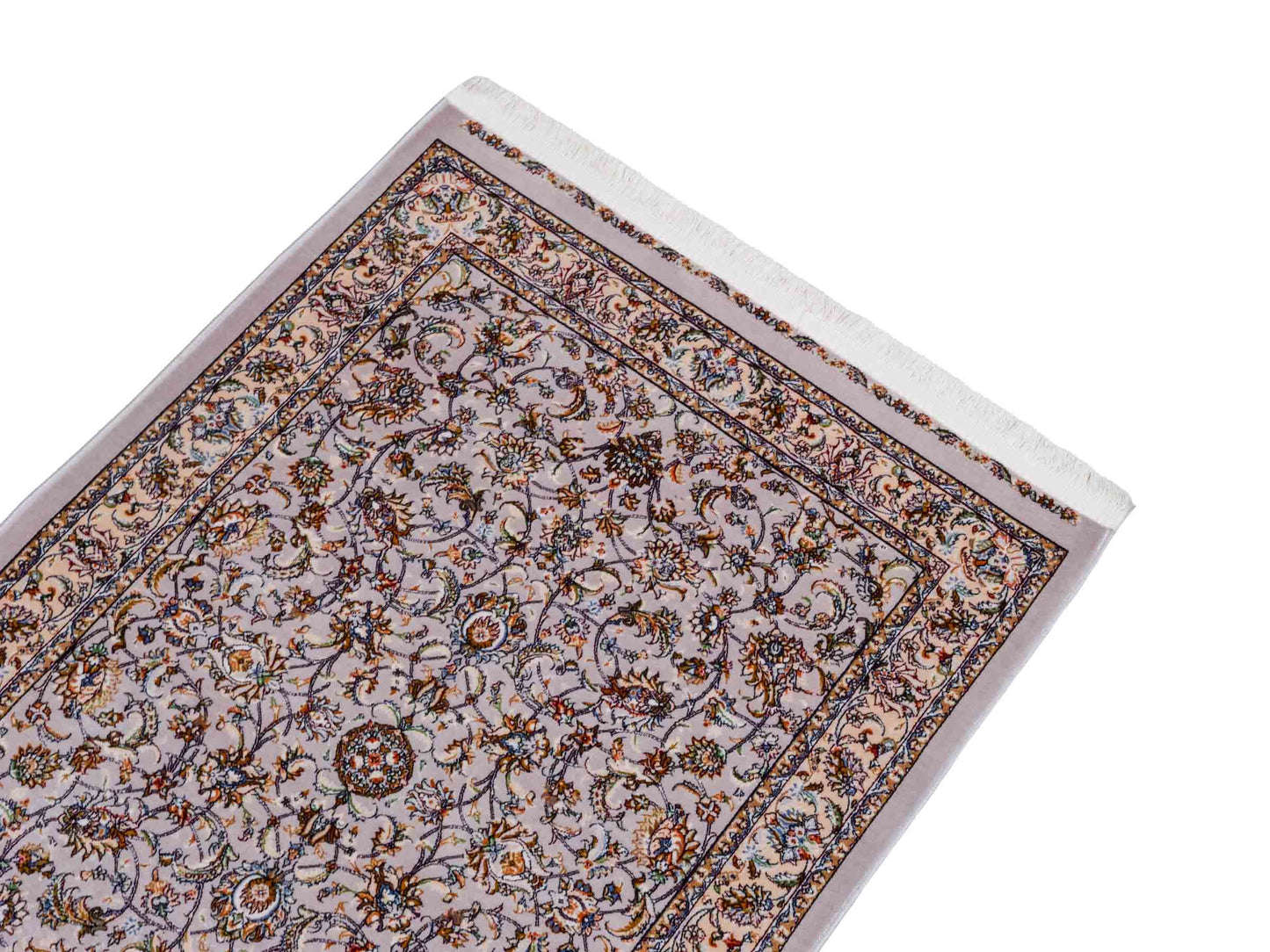 Ghom Maschinenteppich "Afridun" 90 x 60 cm aus pflanzlicher Seide (Viskose) mit Allover-Design, Silber-Grau. Teppichnummer: V2SV054M. Persian Luxury Collection by Khademi. Made in Iran / Persia – Vertrieb durch JUPITER Intl.