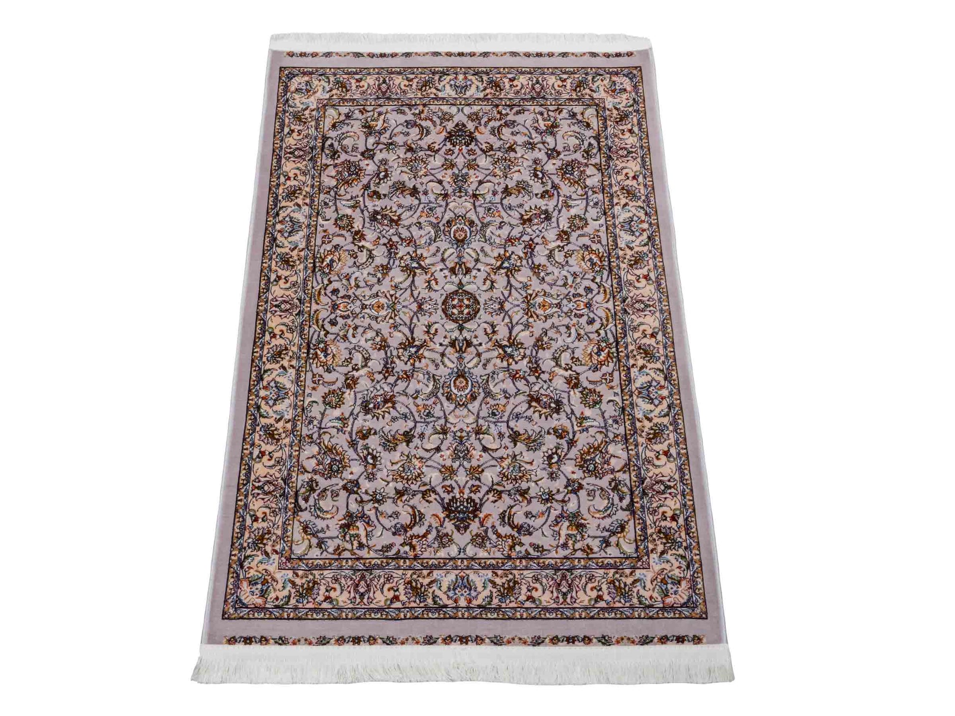 Ghom Maschinenteppich "Afridun" 90 x 60 cm aus pflanzlicher Seide (Viskose) mit Allover-Design, Silber-Grau. Teppichnummer: V2SV054M. Persian Luxury Collection by Khademi. Made in Iran / Persia – Vertrieb durch JUPITER Intl.