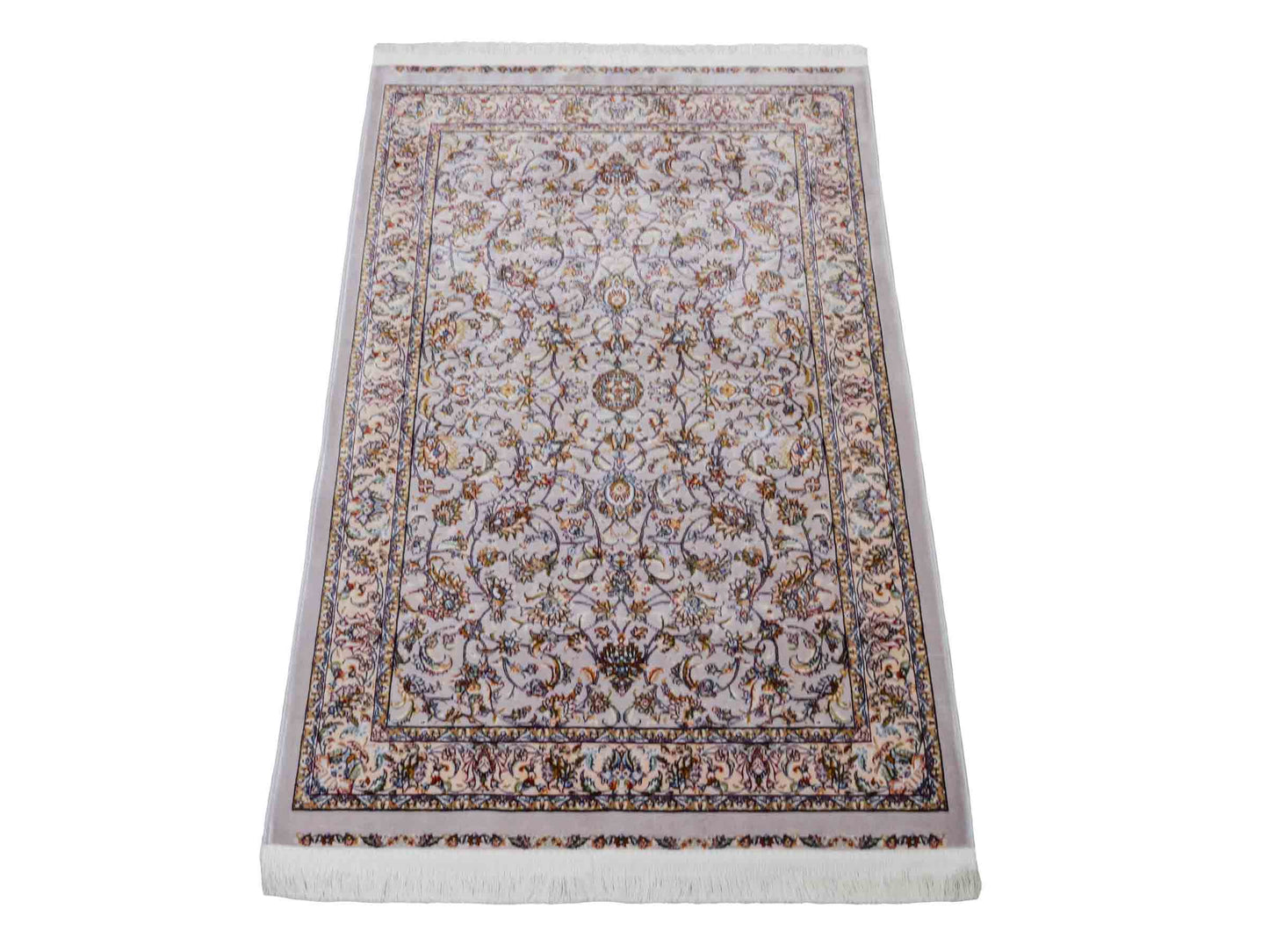 Ghom Maschinenteppich "Afridun" 90 x 60 cm aus pflanzlicher Seide (Viskose) mit Allover-Design, Silber-Grau. Teppichnummer: V2SV054M. Persian Luxury Collection by Khademi. Made in Iran / Persia – Vertrieb durch JUPITER Intl.