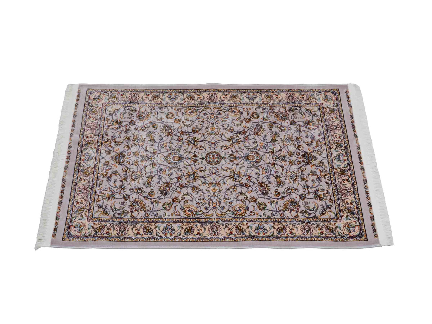 Ghom Maschinenteppich "Afridun" 90 x 60 cm aus pflanzlicher Seide (Viskose) mit Allover-Design, Silber-Grau. Teppichnummer: V2SV054M. Persian Luxury Collection by Khademi. Made in Iran / Persia – Vertrieb durch JUPITER Intl.