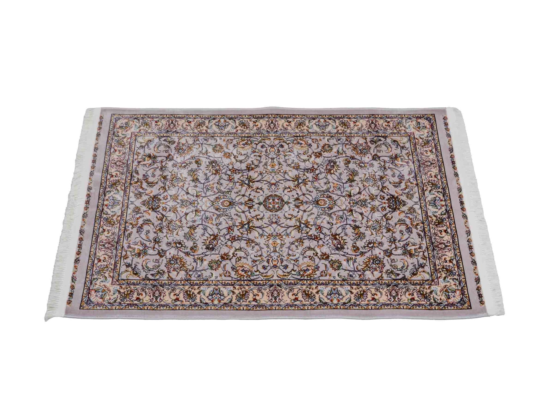 Ghom Maschinenteppich "Afridun" 90 x 60 cm aus pflanzlicher Seide (Viskose) mit Allover-Design, Silber-Grau. Teppichnummer: V2SV054M. Persian Luxury Collection by Khademi. Made in Iran / Persia – Vertrieb durch JUPITER Intl.
