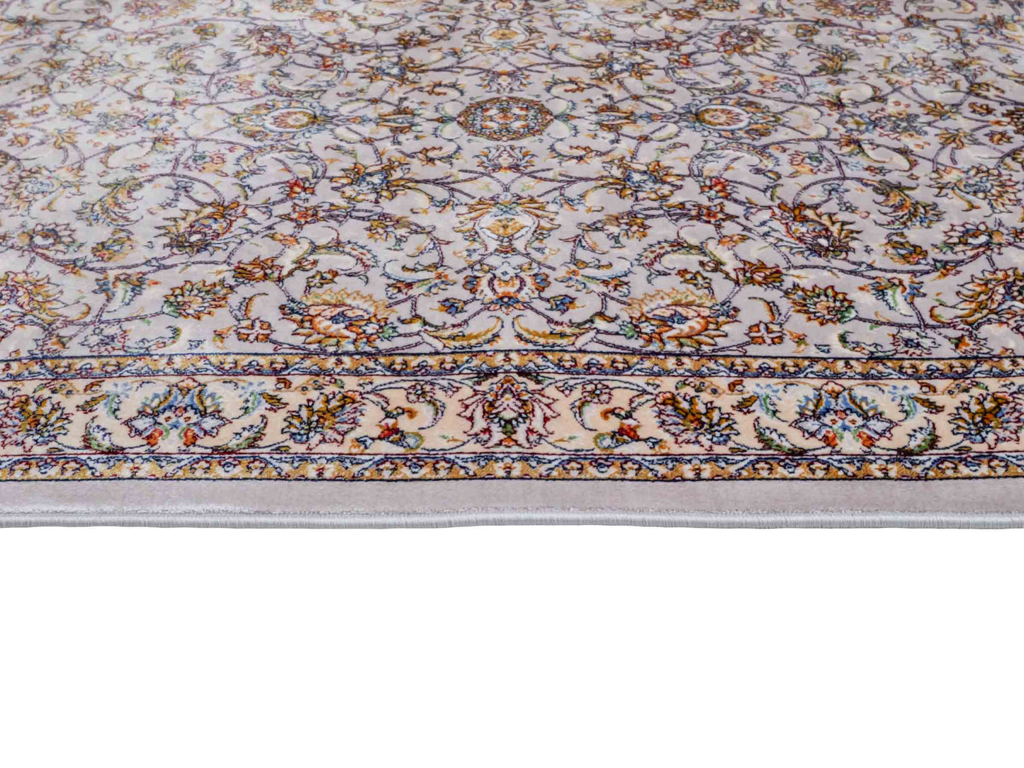 Ghom Maschinenteppich "Afridun" 90 x 60 cm aus pflanzlicher Seide (Viskose) mit Allover-Design, Silber-Grau. Teppichnummer: V2SV054M. Persian Luxury Collection by Khademi. Made in Iran / Persia – Vertrieb durch JUPITER Intl.
