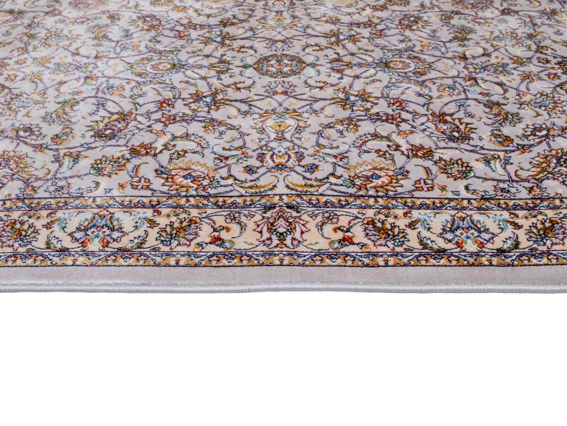 Ghom Maschinenteppich "Afridun" 90 x 60 cm aus pflanzlicher Seide (Viskose) mit Allover-Design, Silber-Grau. Teppichnummer: V2SV054M. Persian Luxury Collection by Khademi. Made in Iran / Persia – Vertrieb durch JUPITER Intl.
