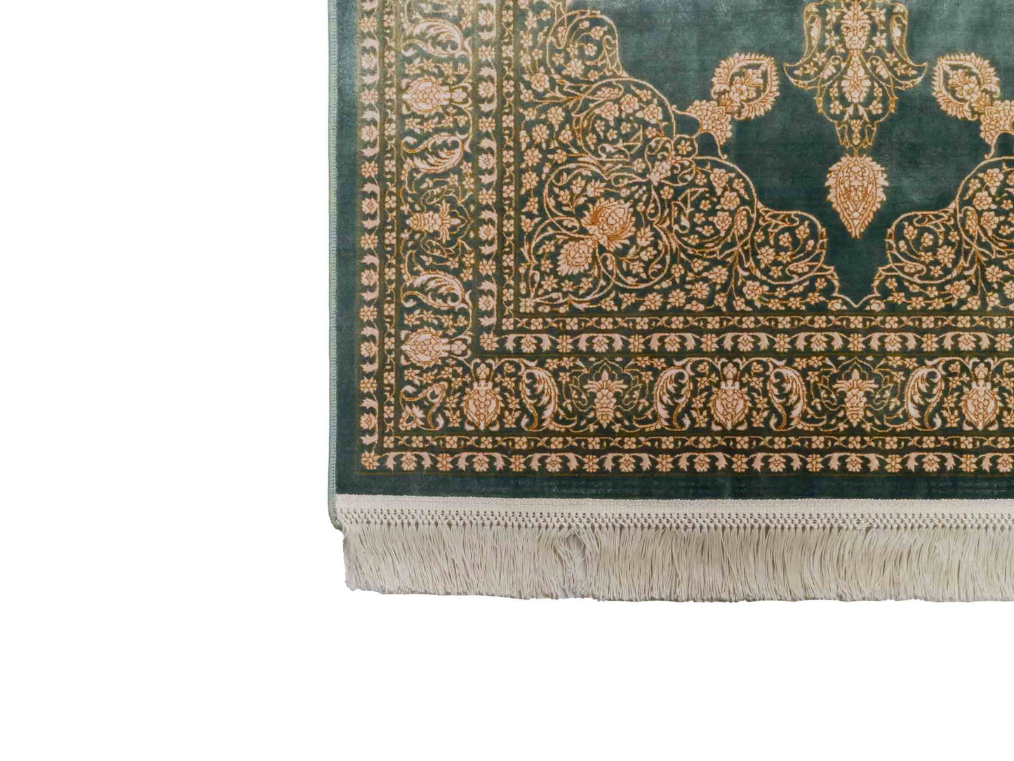Ghom Maschinenteppich "Anahita" 120 x 80 cm aus pflanzlicher Seide (Viskose) mit Spiegel-Medaillon, Grün. Teppichnummer: V3TL096M. Persian Luxury Collection by Khademi. Made in Iran / Persia – Vertrieb durch JUPITER Intl.