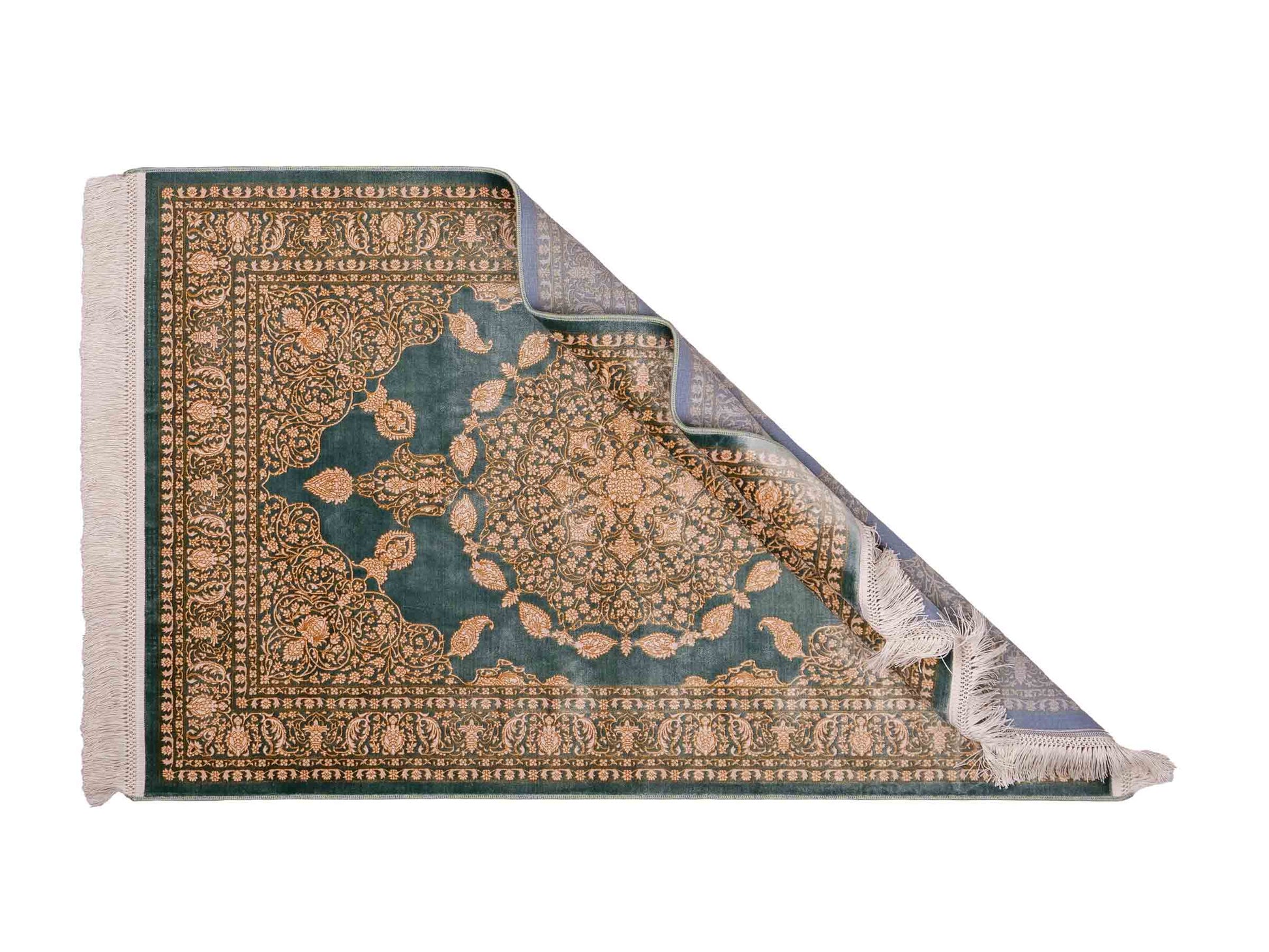 Ghom Maschinenteppich "Anahita" 120 x 80 cm aus pflanzlicher Seide (Viskose) mit Spiegel-Medaillon, Grün. Teppichnummer: V3TL096M. Persian Luxury Collection by Khademi. Made in Iran / Persia – Vertrieb durch JUPITER Intl.