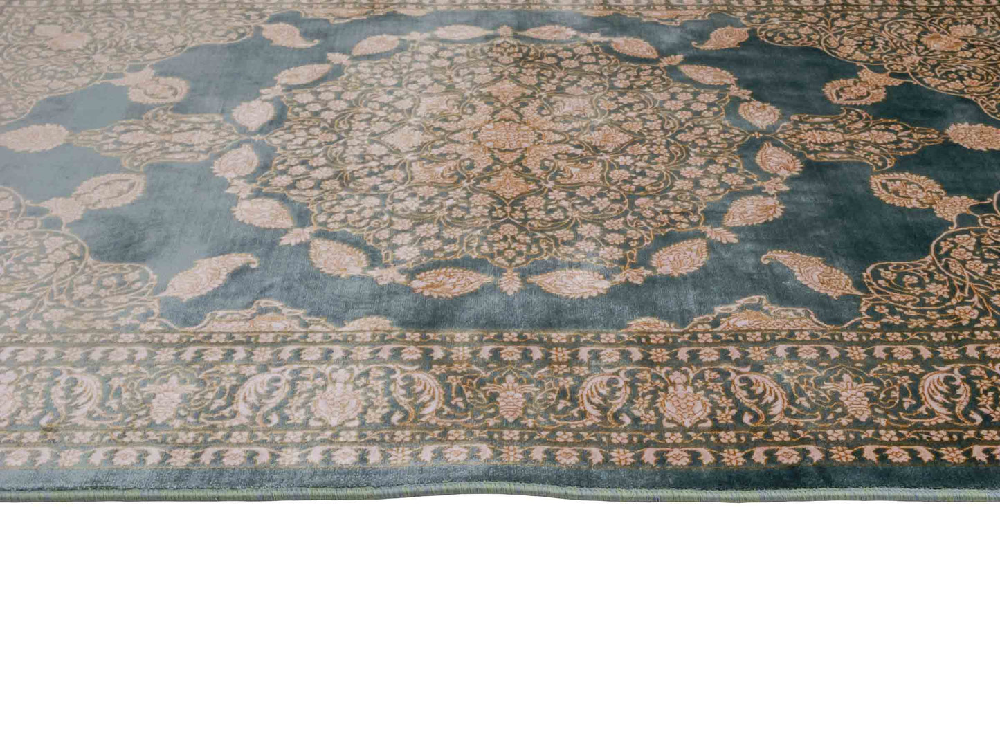 Ghom Maschinenteppich "Anahita" 120 x 80 cm aus pflanzlicher Seide (Viskose) mit Spiegel-Medaillon, Grün. Teppichnummer: V3TL096M. Persian Luxury Collection by Khademi. Made in Iran / Persia – Vertrieb durch JUPITER Intl.