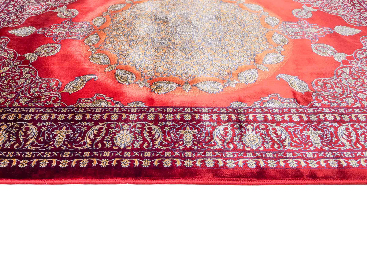 Ghom Maschinenteppich "Anahita" 120 x 80 cm aus pflanzlicher Seide (Viskose) mit Medaillon, Rot-Gold. Teppichnummer: V3RG096M. Persian Luxury Collection by Khademi. Made in Iran / Persia – Vertrieb durch JUPITER Intl.