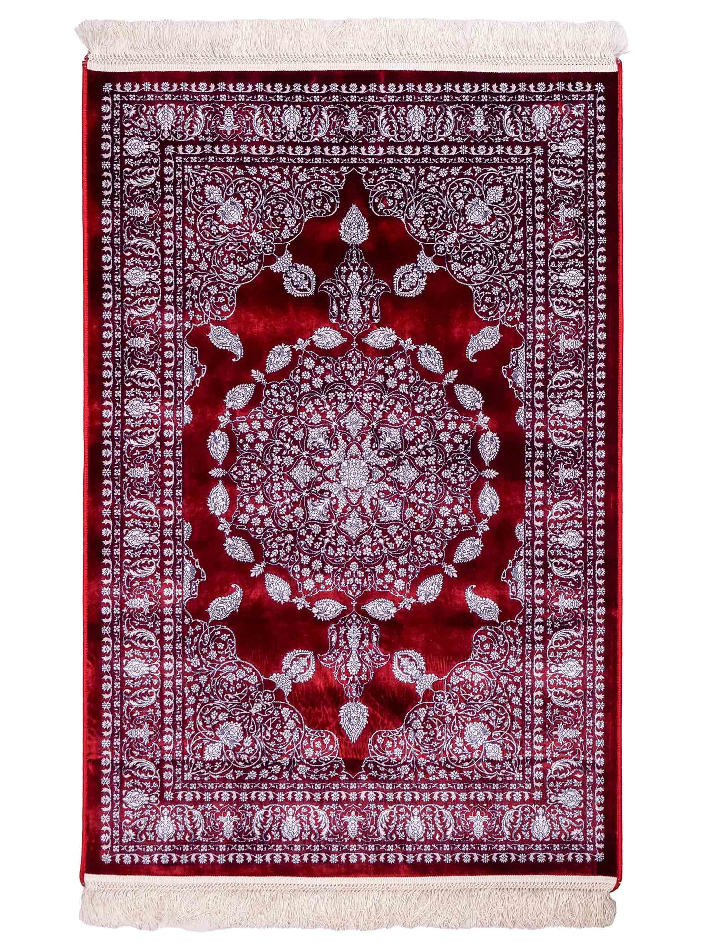 Ghom Maschinenteppich "Anahita" 120 x 80 cm aus pflanzlicher Seide (Viskose) mit Spiegel-Medaillon, Rot. Teppichnummer: V3RD096M. Persian Luxury Collection by Khademi. Made in Iran / Persia – Vertrieb durch JUPITER Intl