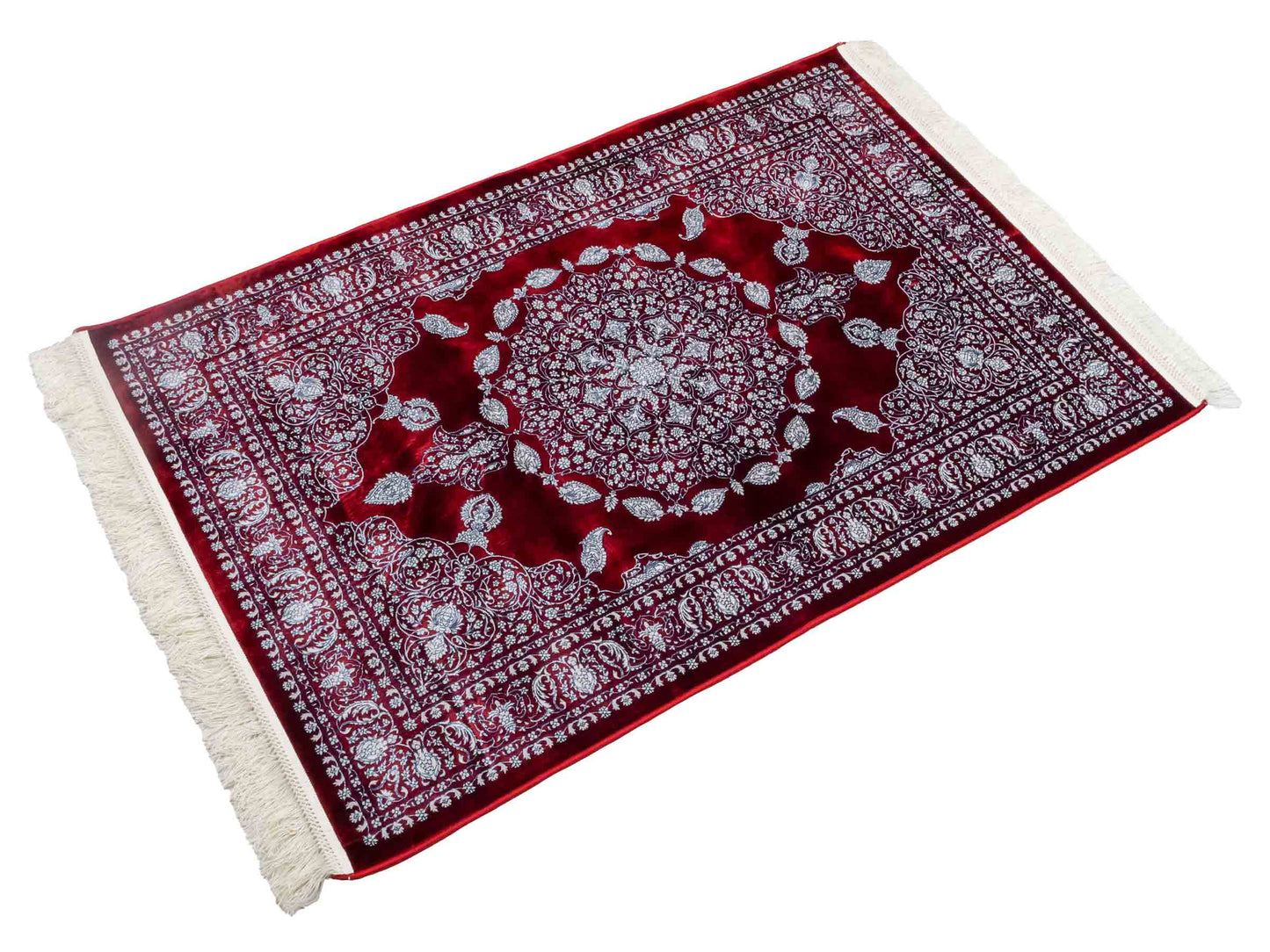 Ghom Maschinenteppich "Anahita" 120 x 80 cm aus pflanzlicher Seide (Viskose) mit Spiegel-Medaillon, Rot. Teppichnummer: V3RD096M. Persian Luxury Collection by Khademi. Made in Iran / Persia – Vertrieb durch JUPITER Intl