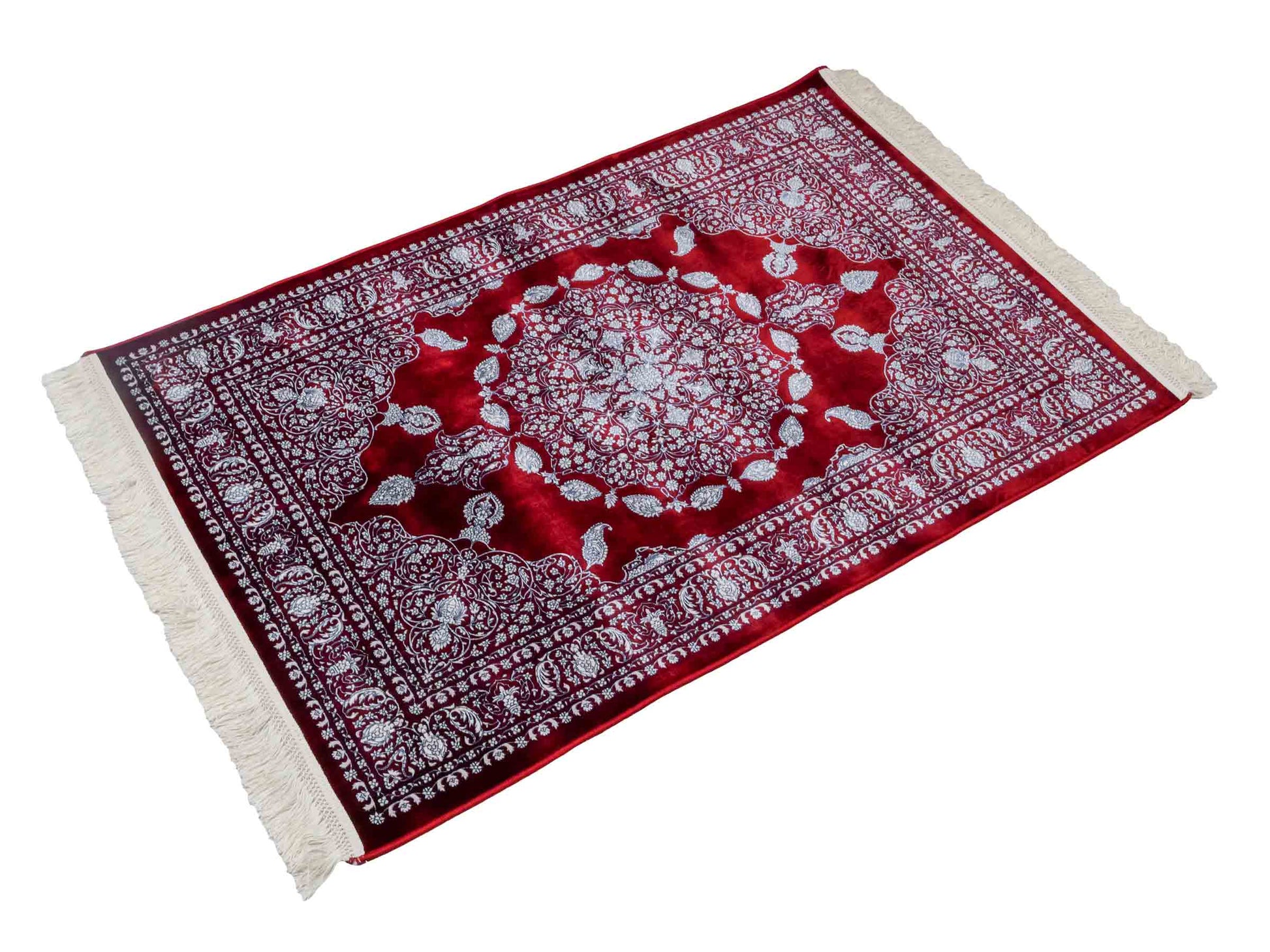 Ghom Maschinenteppich "Anahita" 120 x 80 cm aus pflanzlicher Seide (Viskose) mit Spiegel-Medaillon, Rot. Teppichnummer: V3RD096M. Persian Luxury Collection by Khademi. Made in Iran / Persia – Vertrieb durch JUPITER Intl