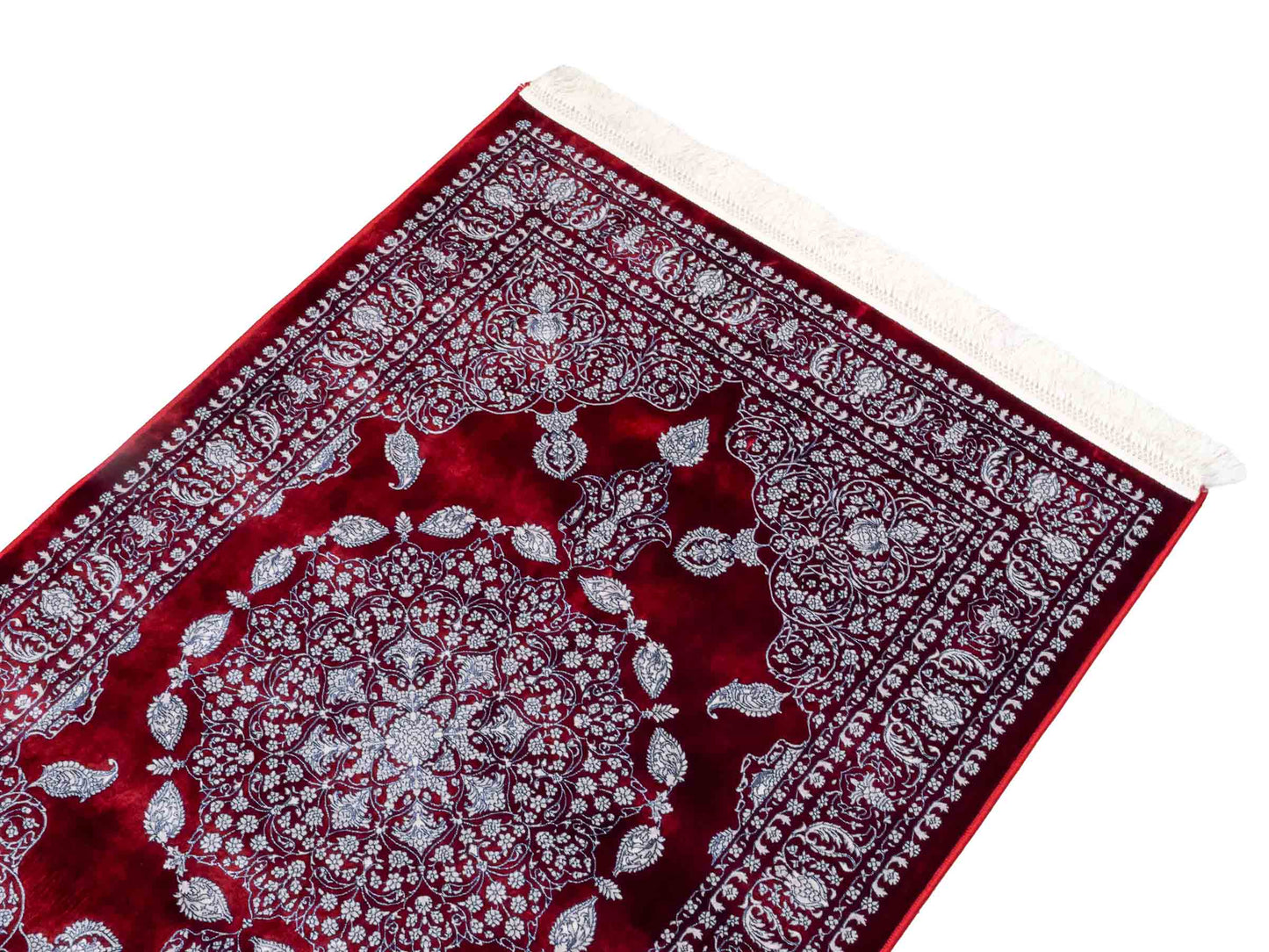 Ghom Maschinenteppich "Anahita" 120 x 80 cm aus pflanzlicher Seide (Viskose) mit Spiegel-Medaillon, Rot. Teppichnummer: V3RD096M. Persian Luxury Collection by Khademi. Made in Iran / Persia – Vertrieb durch JUPITER Intl