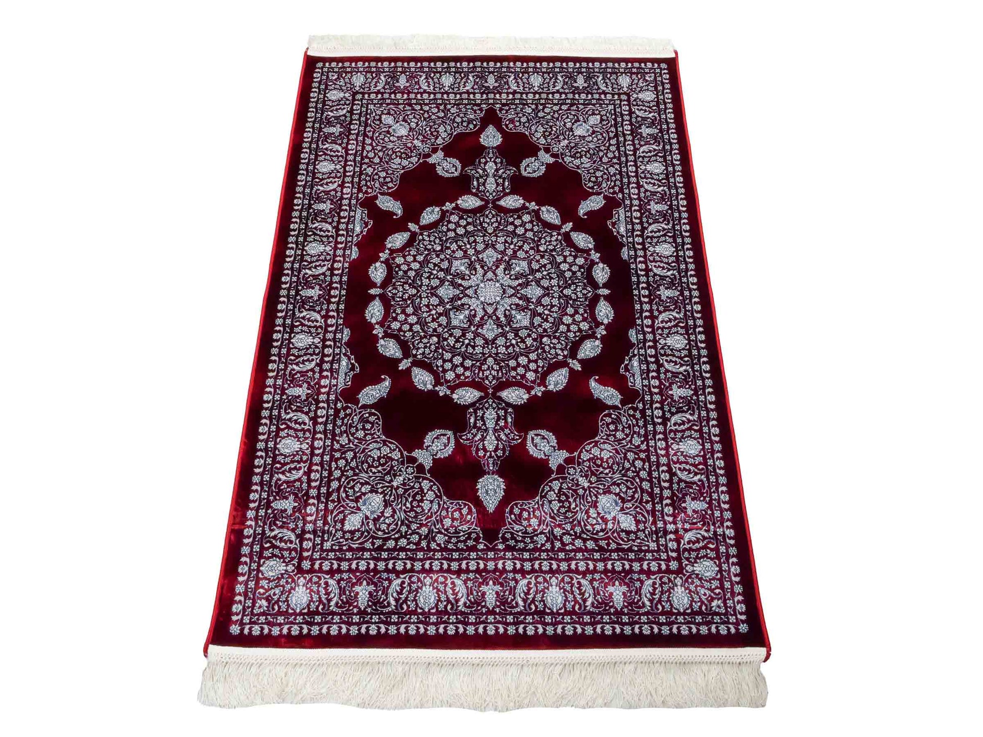 Ghom Maschinenteppich "Anahita" 120 x 80 cm aus pflanzlicher Seide (Viskose) mit Spiegel-Medaillon, Rot. Teppichnummer: V3RD096M. Persian Luxury Collection by Khademi. Made in Iran / Persia – Vertrieb durch JUPITER Intl