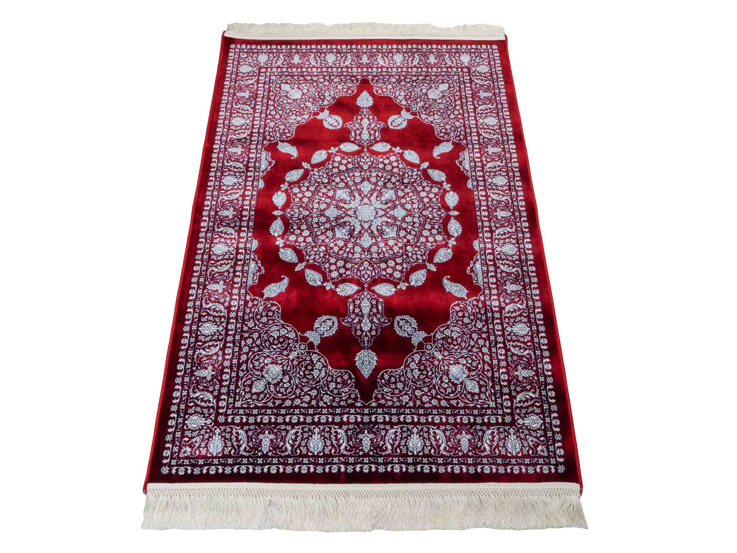 Ghom Maschinenteppich "Anahita" 120 x 80 cm aus pflanzlicher Seide (Viskose) mit Spiegel-Medaillon, Rot. Teppichnummer: V3RD096M. Persian Luxury Collection by Khademi. Made in Iran / Persia – Vertrieb durch JUPITER Intl