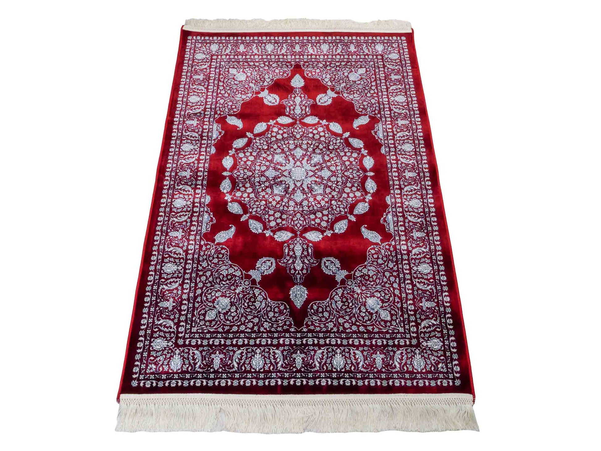 Ghom Maschinenteppich "Anahita" 120 x 80 cm aus pflanzlicher Seide (Viskose) mit Spiegel-Medaillon, Rot. Teppichnummer: V3RD096M. Persian Luxury Collection by Khademi. Made in Iran / Persia – Vertrieb durch JUPITER Intl
