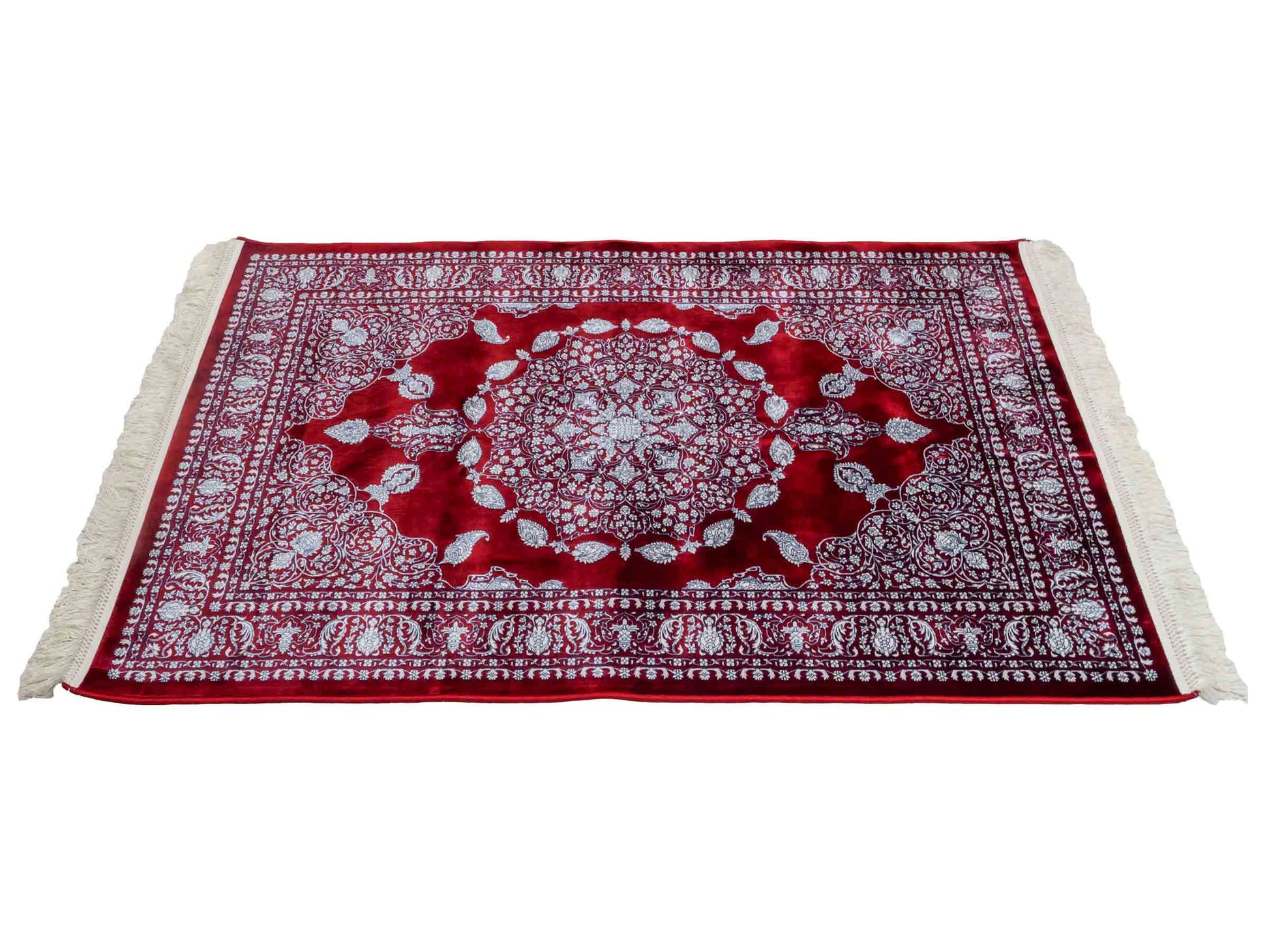 Ghom Maschinenteppich "Anahita" 120 x 80 cm aus pflanzlicher Seide (Viskose) mit Spiegel-Medaillon, Rot. Teppichnummer: V3RD096M. Persian Luxury Collection by Khademi. Made in Iran / Persia – Vertrieb durch JUPITER Intl