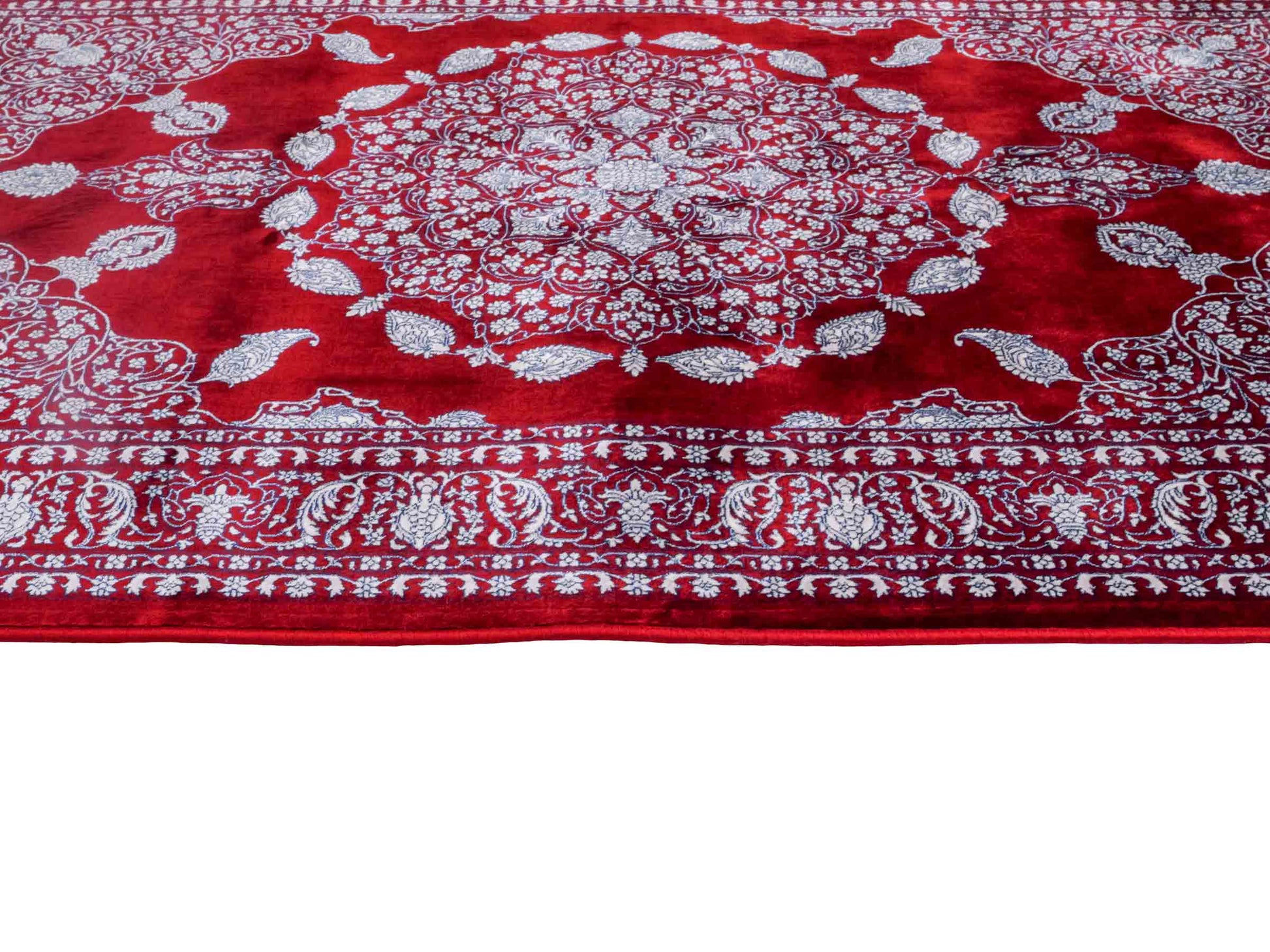 Ghom Maschinenteppich "Anahita" 120 x 80 cm aus pflanzlicher Seide (Viskose) mit Spiegel-Medaillon, Rot. Teppichnummer: V3RD096M. Persian Luxury Collection by Khademi. Made in Iran / Persia – Vertrieb durch JUPITER Intl