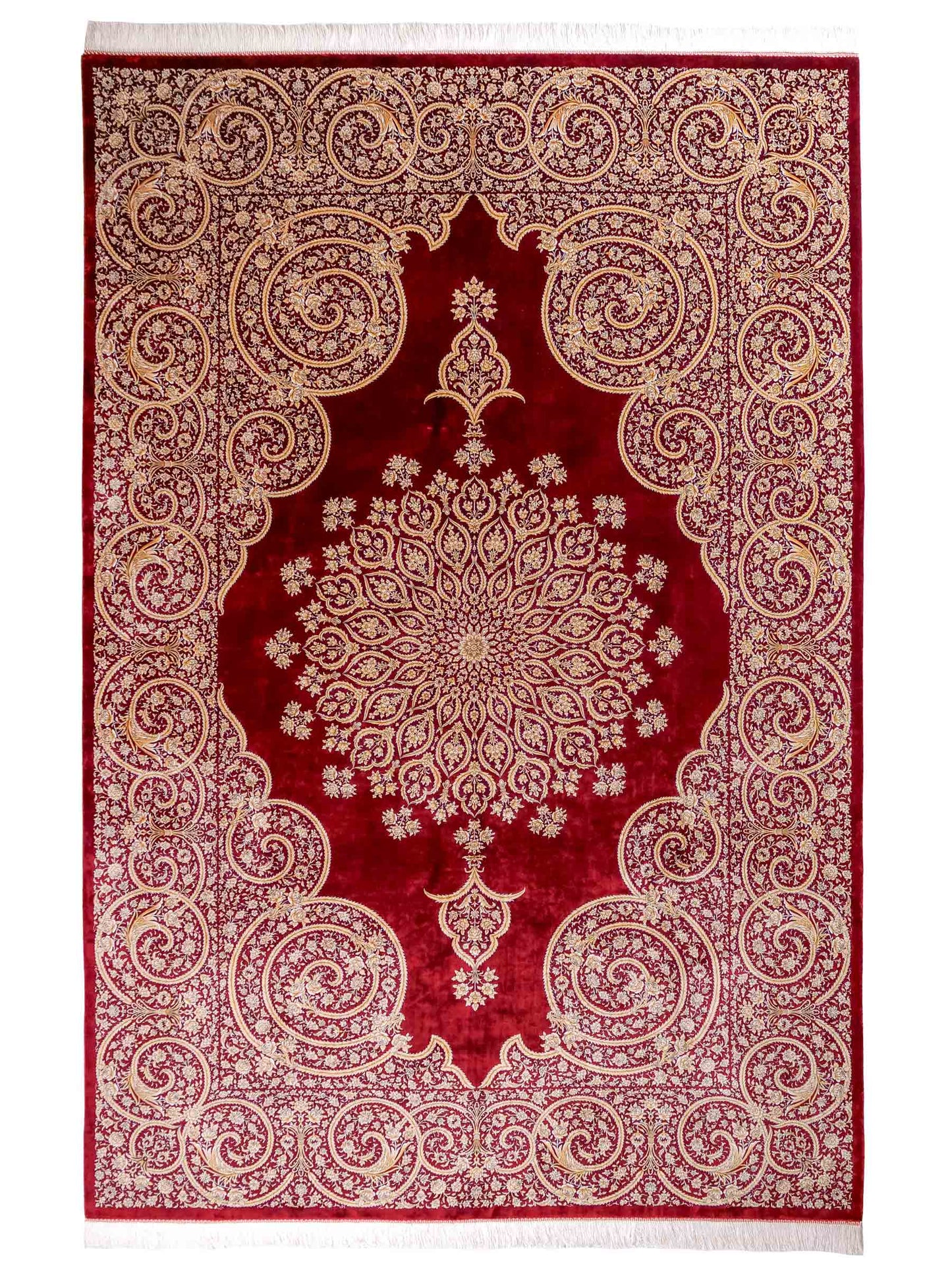 Ghom Maschinenteppich "Arash" 300 x 200 cm aus pflanzlicher Seide (Viskose) mit Spiegel-Medaillon, Rot. Teppichnummer: V4RD600H. Persian Luxury Collection by Khademi. Made in Iran / Persia – Vertrieb durch JUPITER Intl.