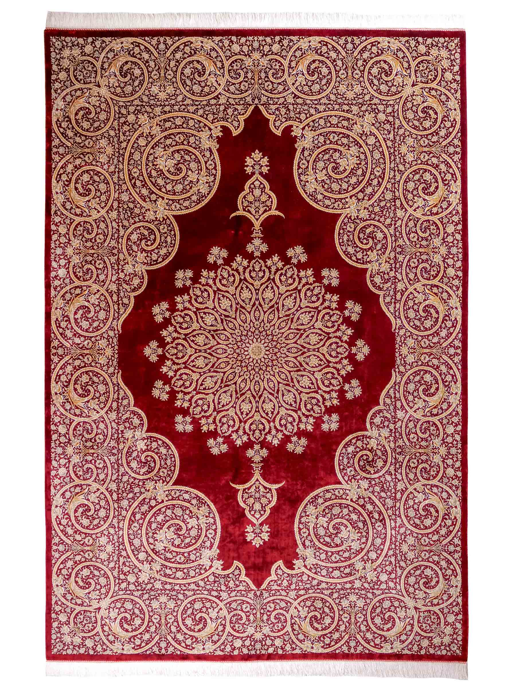 Ghom Maschinenteppich "Arash" 300 x 200 cm aus pflanzlicher Seide (Viskose) mit Spiegel-Medaillon, Rot. Teppichnummer: V4RD600H. Persian Luxury Collection by Khademi. Made in Iran / Persia – Vertrieb durch JUPITER Intl.