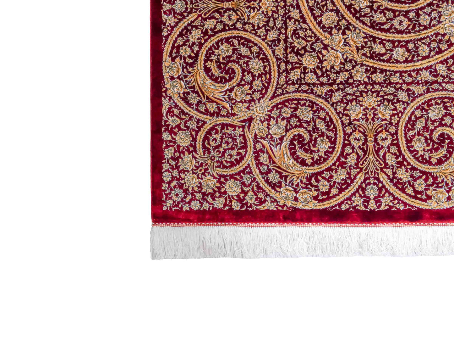 Ghom Maschinenteppich "Arash" 300 x 200 cm aus pflanzlicher Seide (Viskose) mit Spiegel-Medaillon, Rot. Teppichnummer: V4RD600H. Persian Luxury Collection by Khademi. Made in Iran / Persia – Vertrieb durch JUPITER Intl.