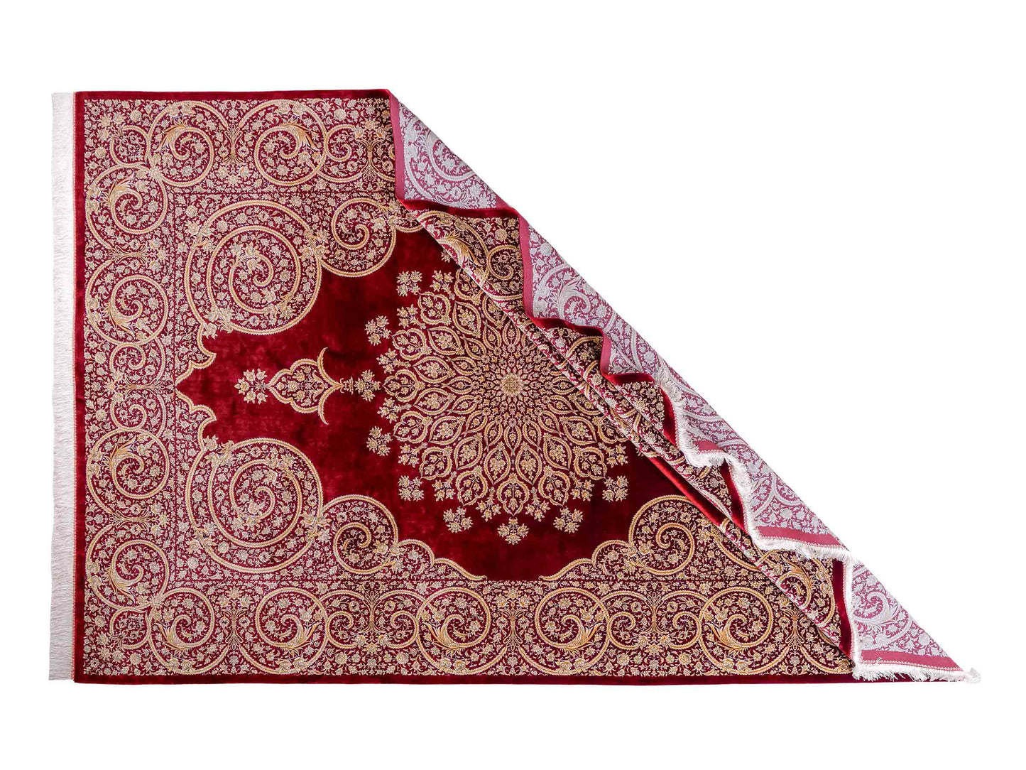 Ghom Maschinenteppich "Arash" 300 x 200 cm aus pflanzlicher Seide (Viskose) mit Spiegel-Medaillon, Rot. Teppichnummer: V4RD600H. Persian Luxury Collection by Khademi. Made in Iran / Persia – Vertrieb durch JUPITER Intl.