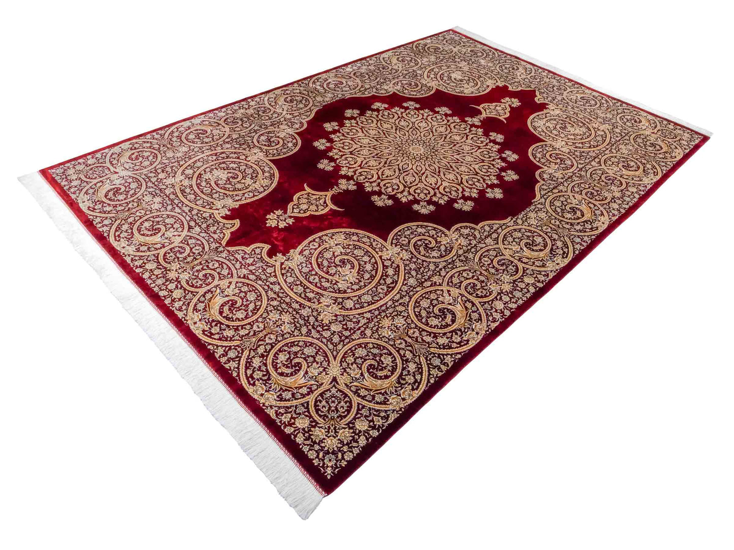 Ghom Maschinenteppich "Arash" 300 x 200 cm aus pflanzlicher Seide (Viskose) mit Spiegel-Medaillon, Rot. Teppichnummer: V4RD600H. Persian Luxury Collection by Khademi. Made in Iran / Persia – Vertrieb durch JUPITER Intl.
