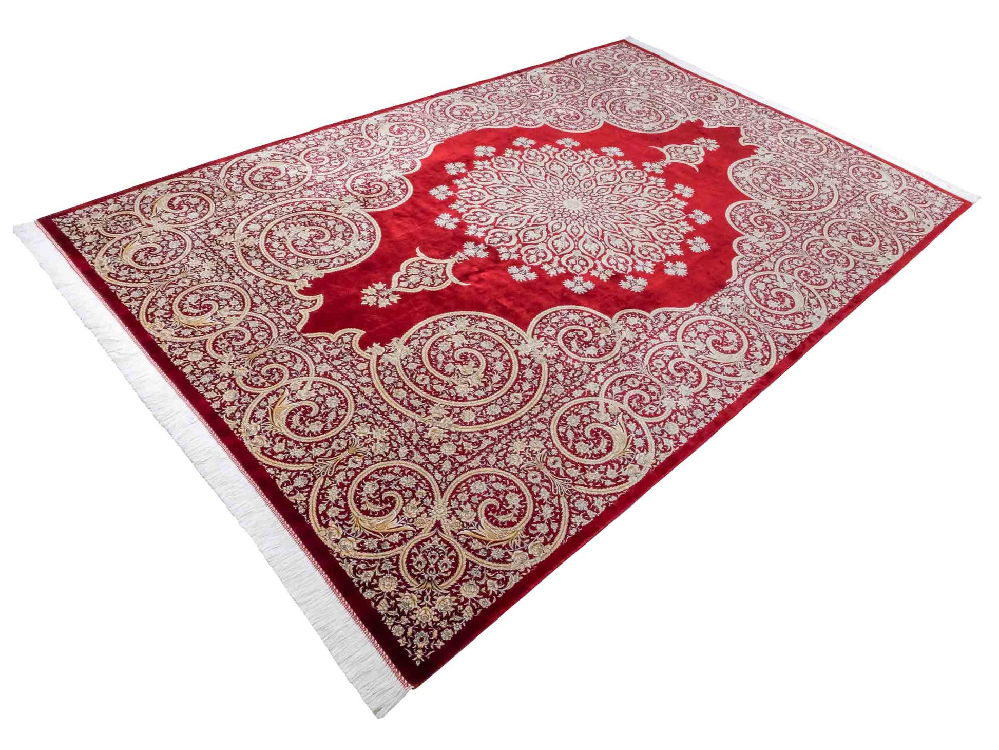 Ghom Maschinenteppich "Arash" 300 x 200 cm aus pflanzlicher Seide (Viskose) mit Spiegel-Medaillon, Rot. Teppichnummer: V4RD600H. Persian Luxury Collection by Khademi. Made in Iran / Persia – Vertrieb durch JUPITER Intl.