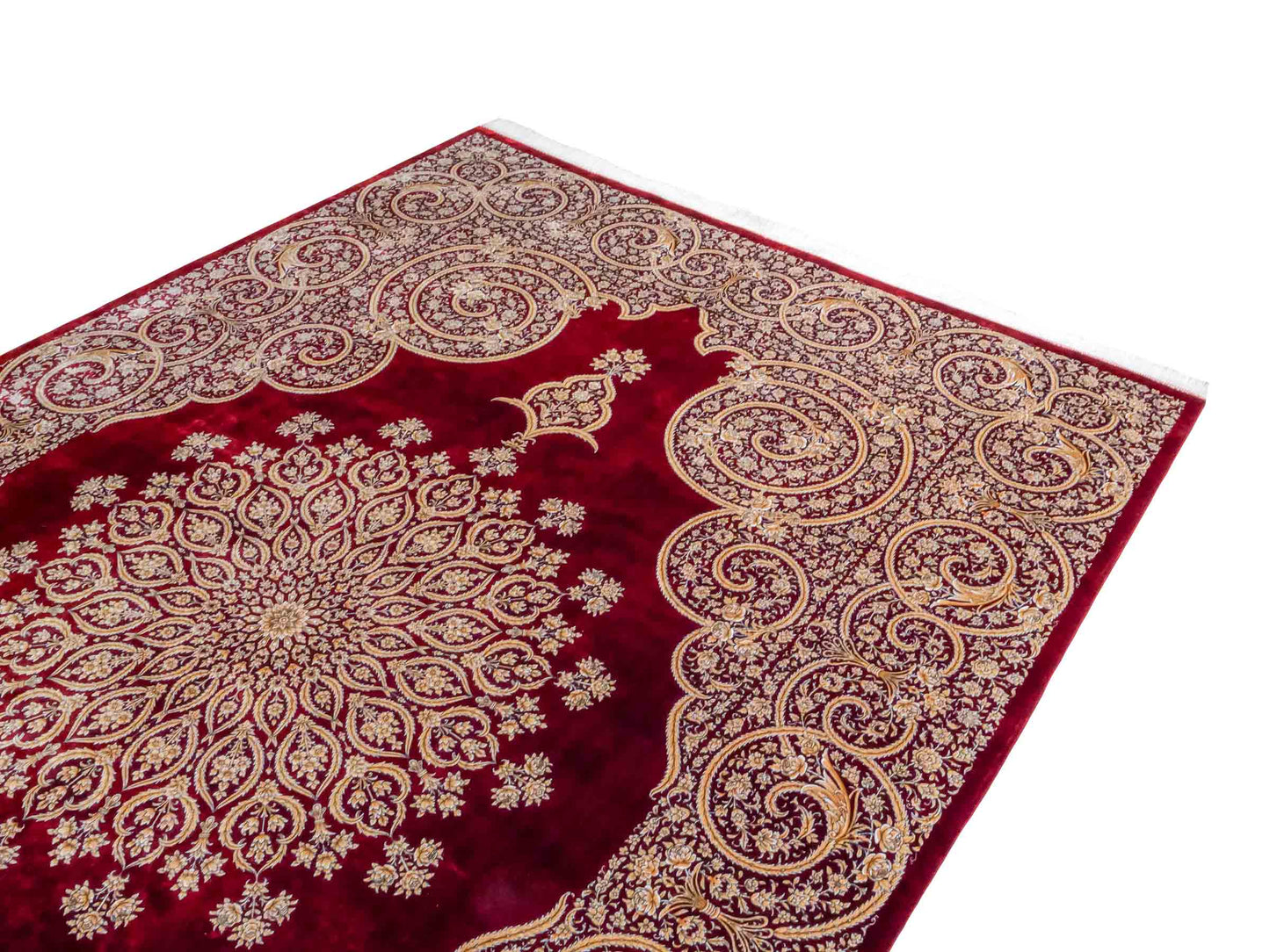 Ghom Maschinenteppich "Arash" 300 x 200 cm aus pflanzlicher Seide (Viskose) mit Spiegel-Medaillon, Rot. Teppichnummer: V4RD600H. Persian Luxury Collection by Khademi. Made in Iran / Persia – Vertrieb durch JUPITER Intl.