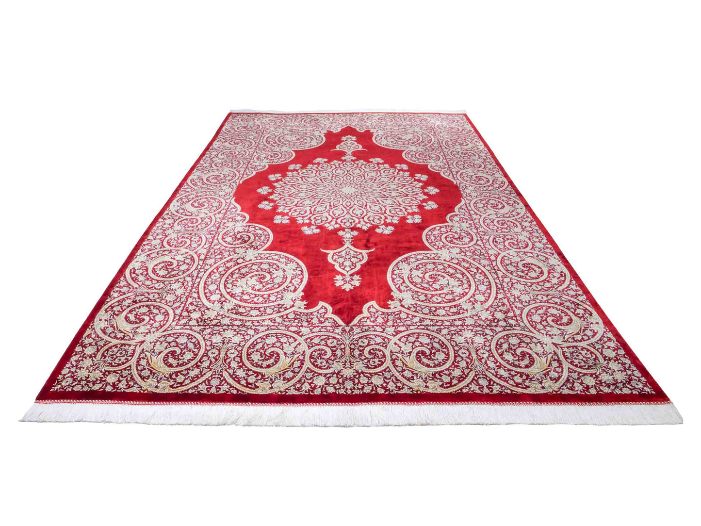 Ghom Maschinenteppich "Arash" 300 x 200 cm aus pflanzlicher Seide (Viskose) mit Spiegel-Medaillon, Rot. Teppichnummer: V4RD600H. Persian Luxury Collection by Khademi. Made in Iran / Persia – Vertrieb durch JUPITER Intl.