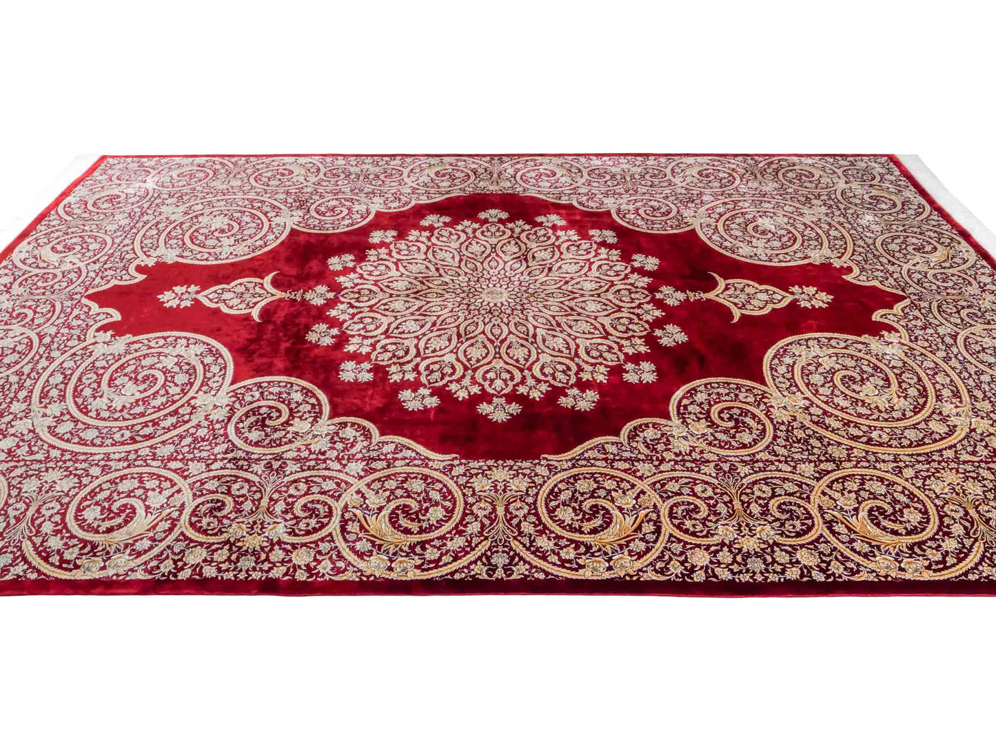 Ghom Maschinenteppich "Arash" 300 x 200 cm aus pflanzlicher Seide (Viskose) mit Spiegel-Medaillon, Rot. Teppichnummer: V4RD600H. Persian Luxury Collection by Khademi. Made in Iran / Persia – Vertrieb durch JUPITER Intl.