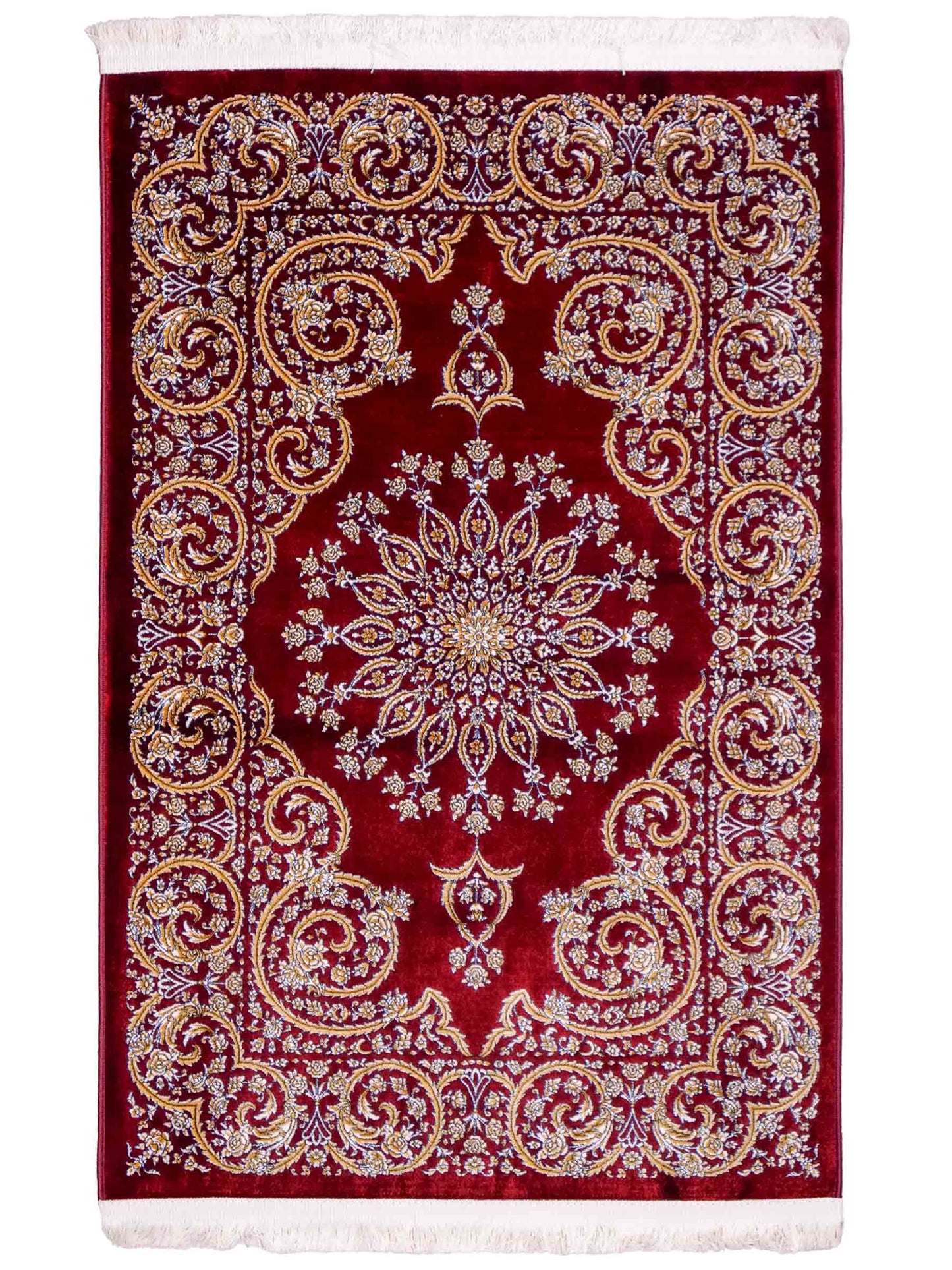 Ghom Maschinenteppich "Arash" 90 x 60 cm aus pflanzlicher Seide (Viskose) mit Spiegel-Medaillon, Rot. Teppichnummer: V4RD054M. Persian Luxury Collection by Khademi. Made in Iran / Persia – Vertrieb durch JUPITER Intl.