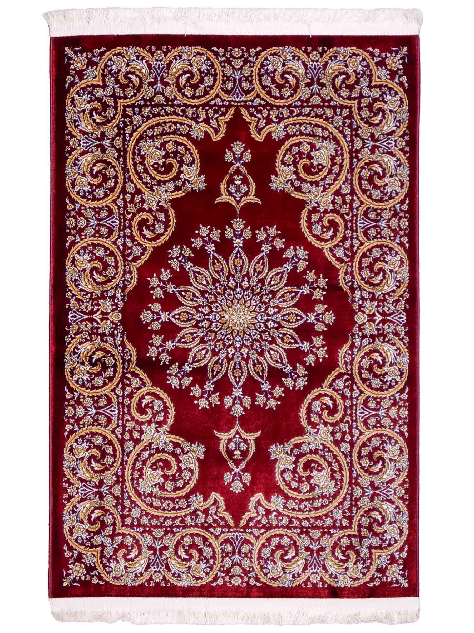 Ghom Maschinenteppich "Arash" 90 x 60 cm aus pflanzlicher Seide (Viskose) mit Spiegel-Medaillon, Rot. Teppichnummer: V4RD054M. Persian Luxury Collection by Khademi. Made in Iran / Persia – Vertrieb durch JUPITER Intl.