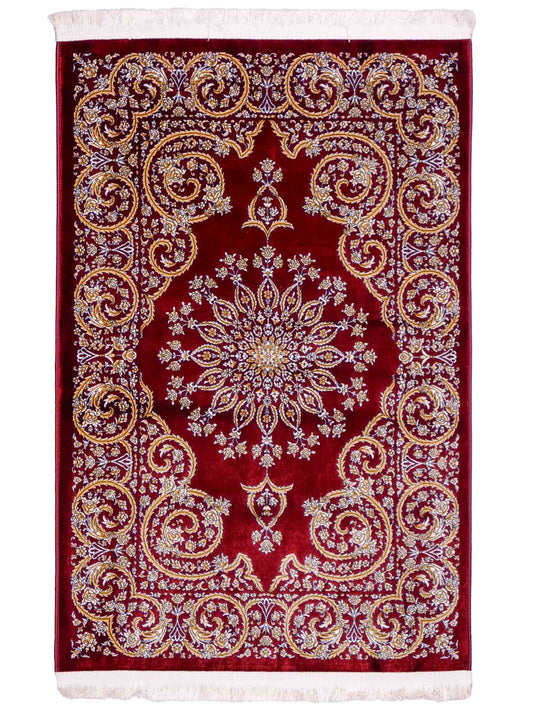 Ghom Maschinenteppich "Arash" 90 x 60 cm aus pflanzlicher Seide (Viskose) mit Spiegel-Medaillon, Rot. Teppichnummer: V4RD054M. Persian Luxury Collection by Khademi. Made in Iran / Persia – Vertrieb durch JUPITER Intl.