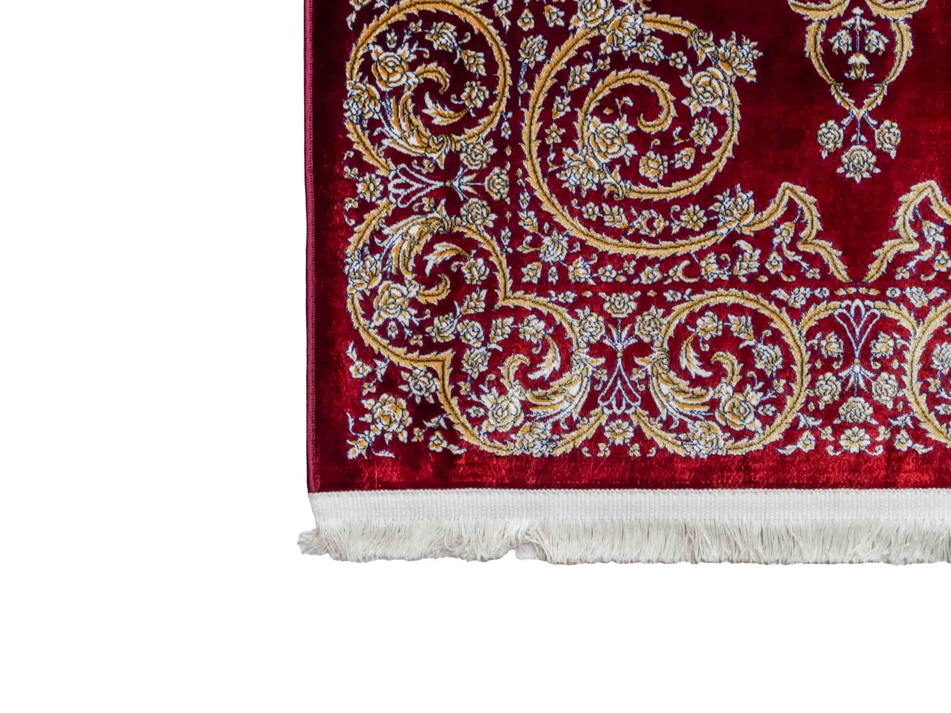 Ghom Maschinenteppich "Arash" 90 x 60 cm aus pflanzlicher Seide (Viskose) mit Spiegel-Medaillon, Rot. Teppichnummer: V4RD054M. Persian Luxury Collection by Khademi. Made in Iran / Persia – Vertrieb durch JUPITER Intl.