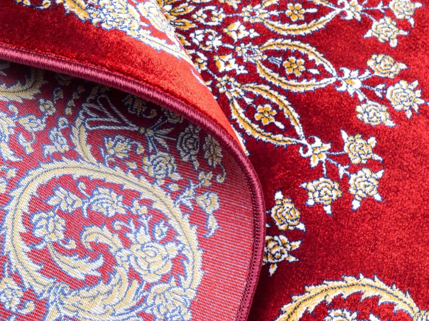 Ghom Maschinenteppich "Arash" 90 x 60 cm aus pflanzlicher Seide (Viskose) mit Spiegel-Medaillon, Rot. Teppichnummer: V4RD054M. Persian Luxury Collection by Khademi. Made in Iran / Persia – Vertrieb durch JUPITER Intl.