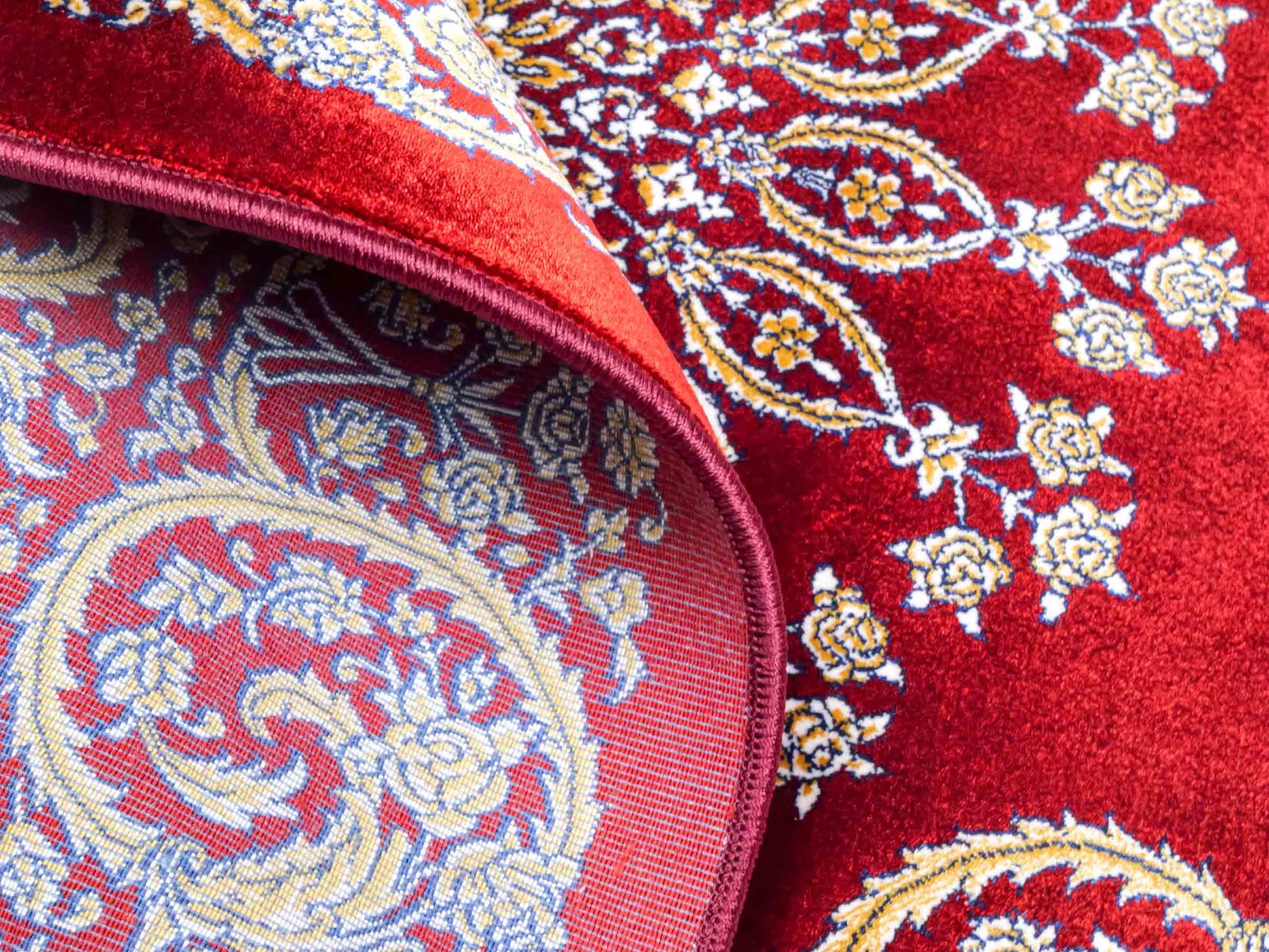 Ghom Maschinenteppich "Arash" 90 x 60 cm aus pflanzlicher Seide (Viskose) mit Spiegel-Medaillon, Rot. Teppichnummer: V4RD054M. Persian Luxury Collection by Khademi. Made in Iran / Persia – Vertrieb durch JUPITER Intl.