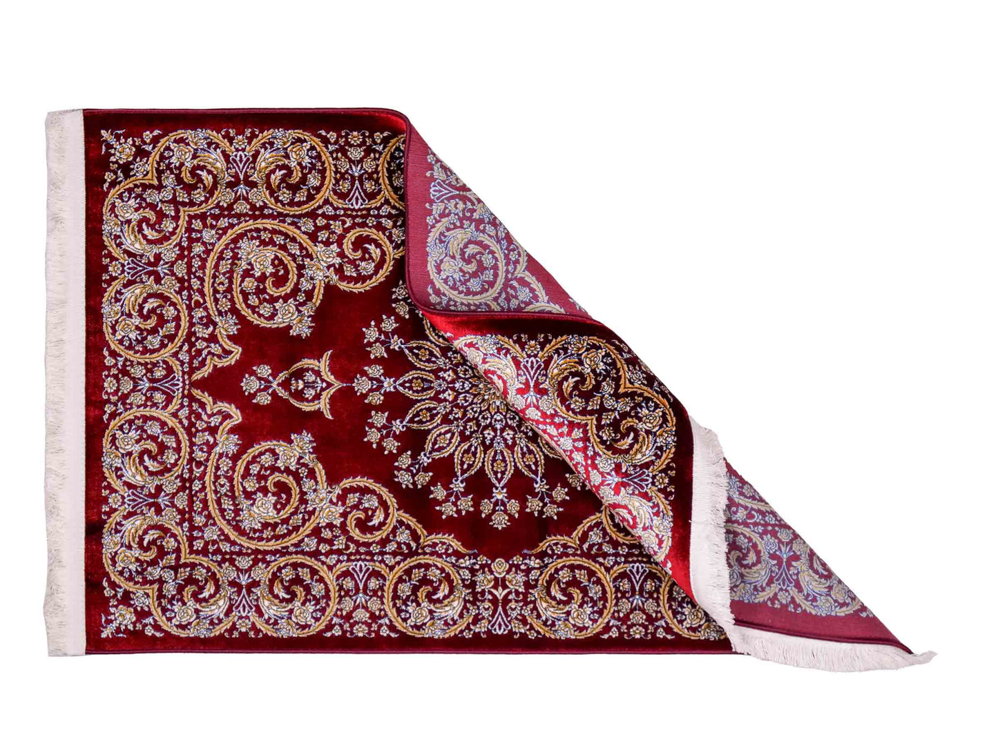 Ghom Maschinenteppich "Arash" 90 x 60 cm aus pflanzlicher Seide (Viskose) mit Spiegel-Medaillon, Rot. Teppichnummer: V4RD054M. Persian Luxury Collection by Khademi. Made in Iran / Persia – Vertrieb durch JUPITER Intl.