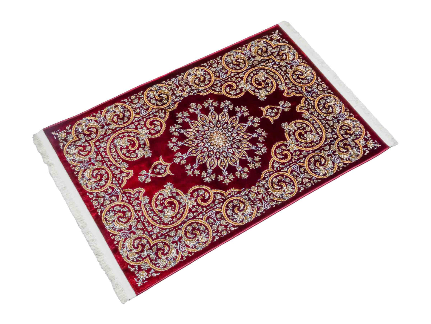 Ghom Maschinenteppich "Arash" 90 x 60 cm aus pflanzlicher Seide (Viskose) mit Spiegel-Medaillon, Rot. Teppichnummer: V4RD054M. Persian Luxury Collection by Khademi. Made in Iran / Persia – Vertrieb durch JUPITER Intl.