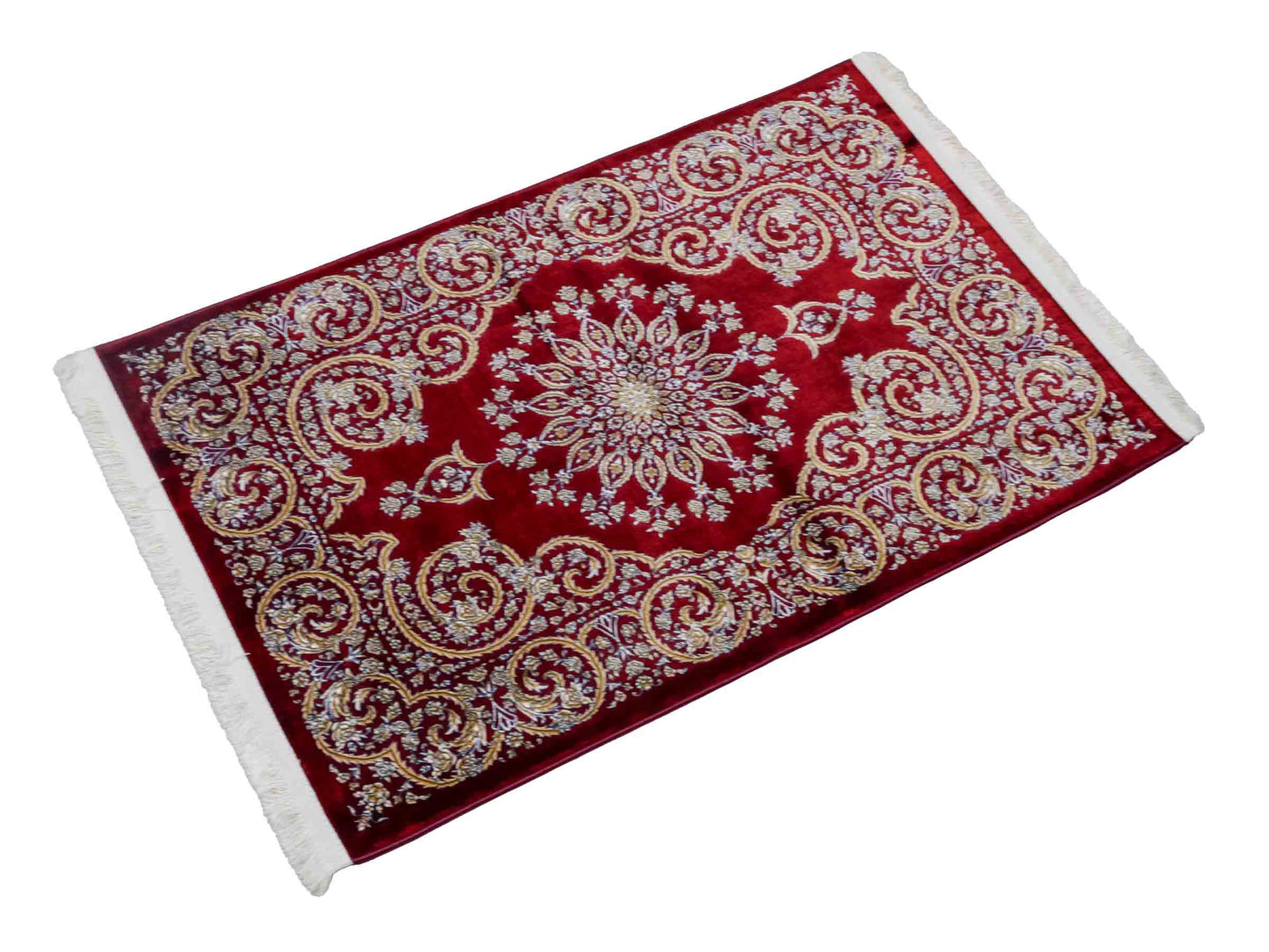 Ghom Maschinenteppich "Arash" 90 x 60 cm aus pflanzlicher Seide (Viskose) mit Spiegel-Medaillon, Rot. Teppichnummer: V4RD054M. Persian Luxury Collection by Khademi. Made in Iran / Persia – Vertrieb durch JUPITER Intl.