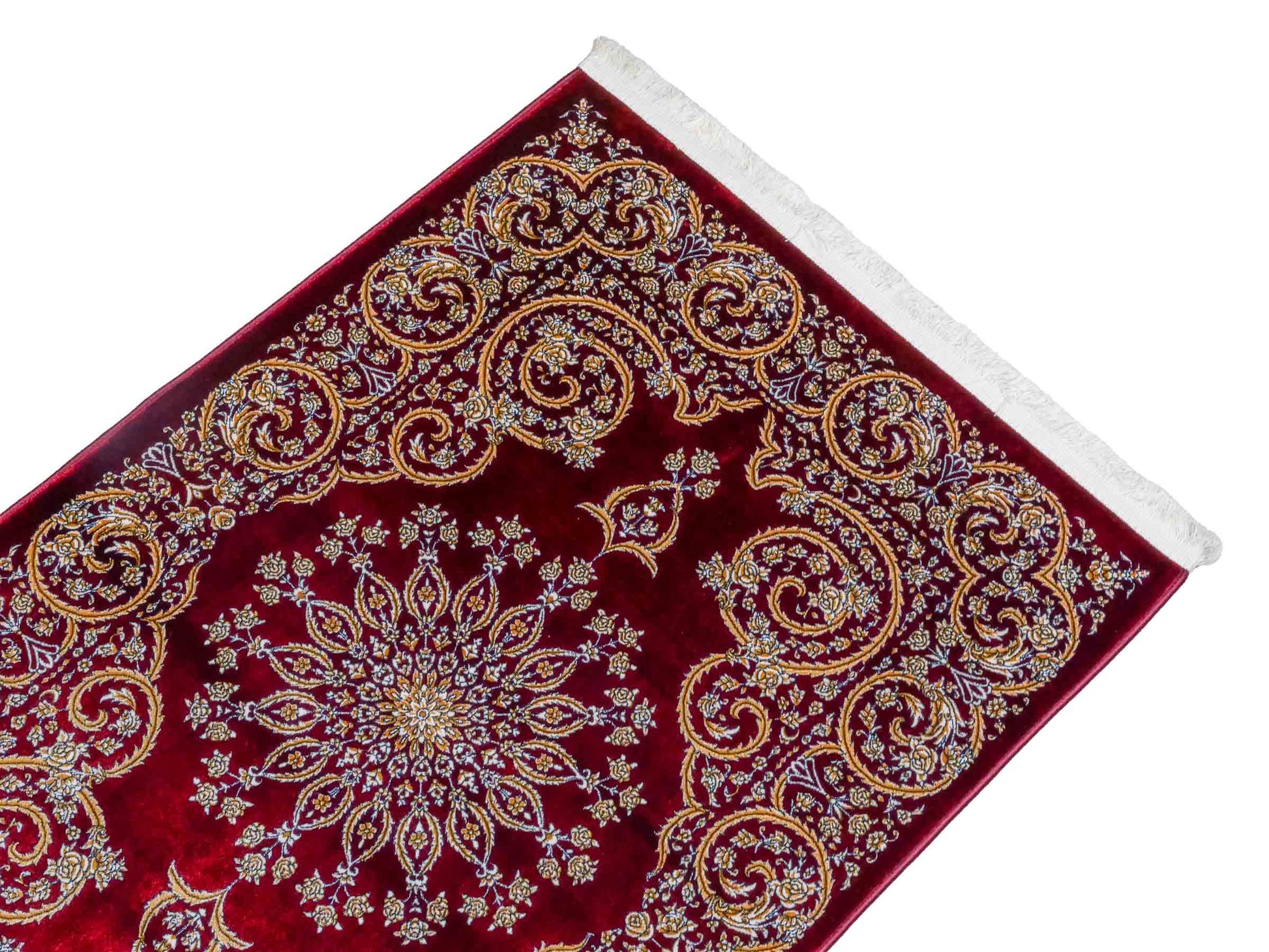 Ghom Maschinenteppich "Arash" 90 x 60 cm aus pflanzlicher Seide (Viskose) mit Spiegel-Medaillon, Rot. Teppichnummer: V4RD054M. Persian Luxury Collection by Khademi. Made in Iran / Persia – Vertrieb durch JUPITER Intl.