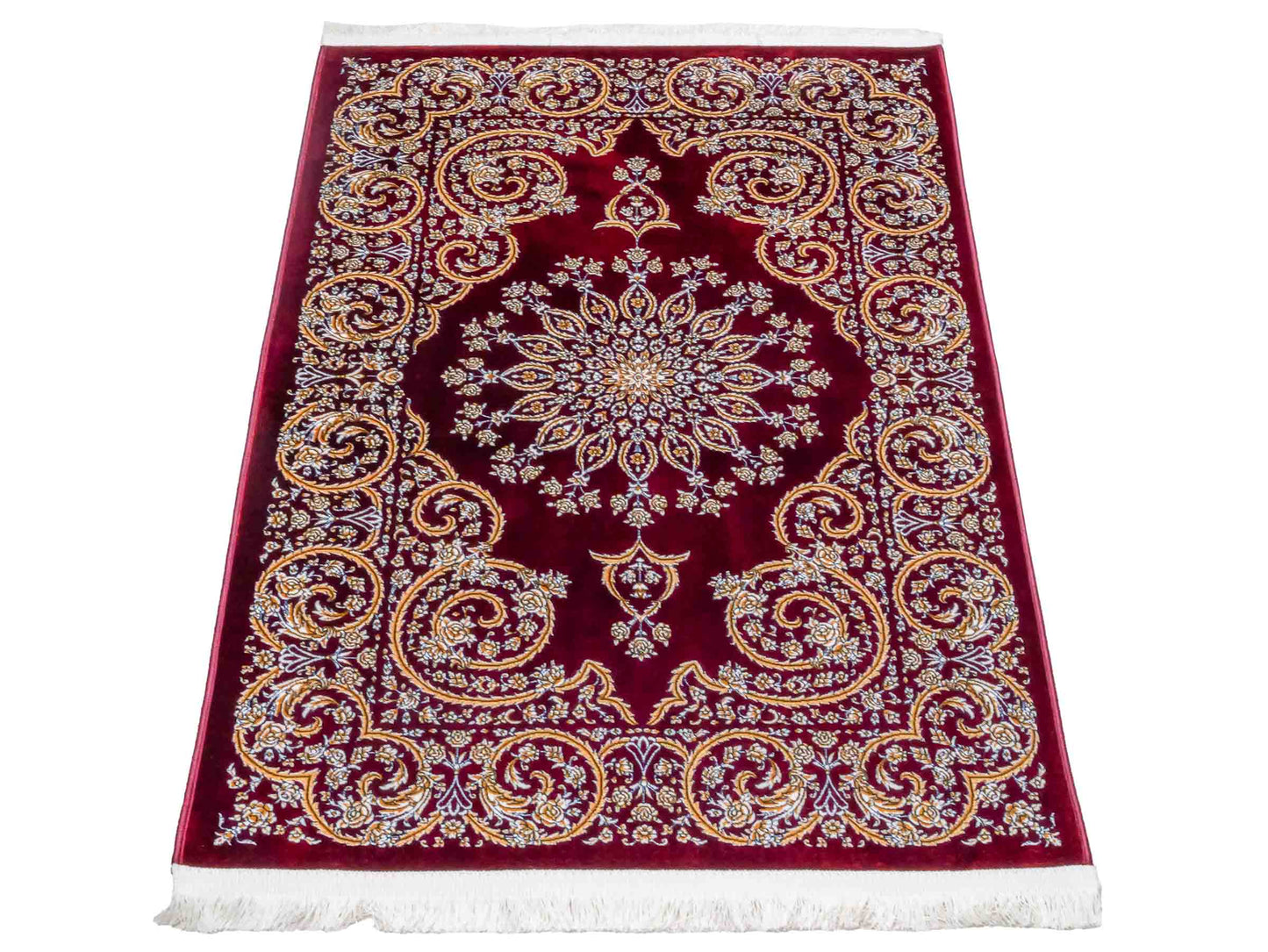 Ghom Maschinenteppich "Arash" 90 x 60 cm aus pflanzlicher Seide (Viskose) mit Spiegel-Medaillon, Rot. Teppichnummer: V4RD054M. Persian Luxury Collection by Khademi. Made in Iran / Persia – Vertrieb durch JUPITER Intl.