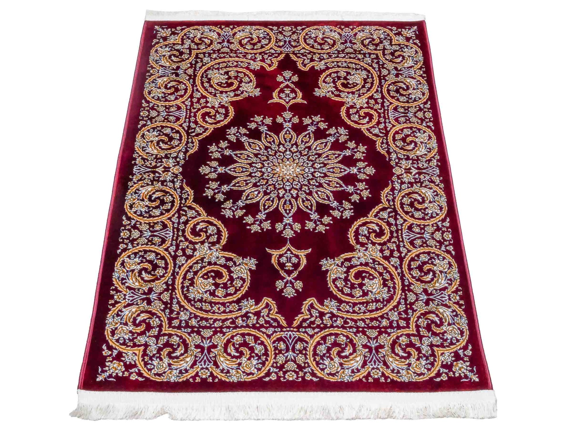 Ghom Maschinenteppich "Arash" 90 x 60 cm aus pflanzlicher Seide (Viskose) mit Spiegel-Medaillon, Rot. Teppichnummer: V4RD054M. Persian Luxury Collection by Khademi. Made in Iran / Persia – Vertrieb durch JUPITER Intl.