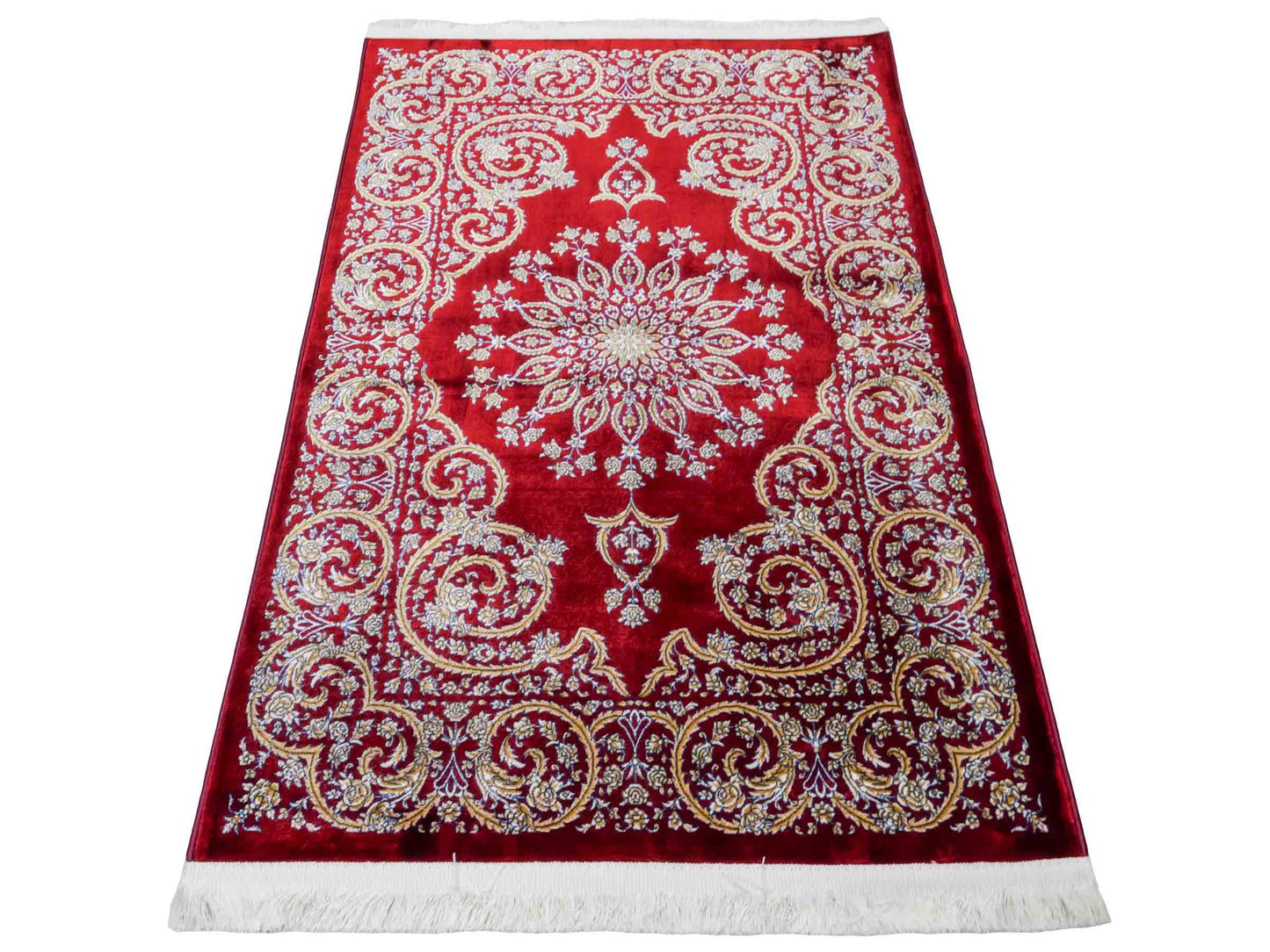Ghom Maschinenteppich "Arash" 90 x 60 cm aus pflanzlicher Seide (Viskose) mit Spiegel-Medaillon, Rot. Teppichnummer: V4RD054M. Persian Luxury Collection by Khademi. Made in Iran / Persia – Vertrieb durch JUPITER Intl.
