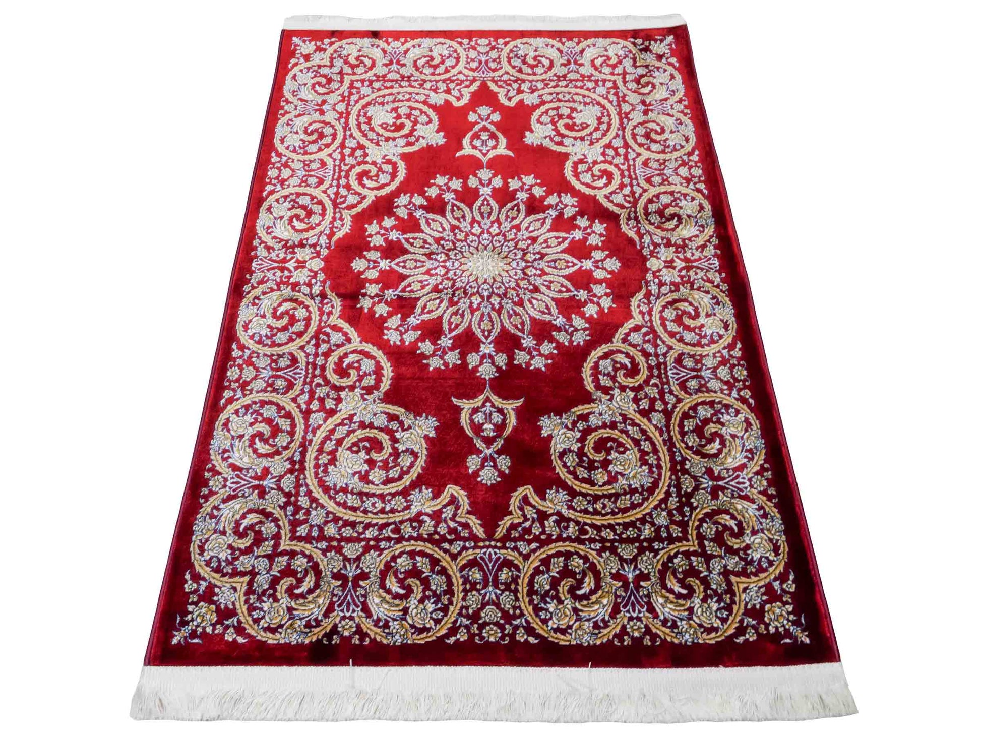 Ghom Maschinenteppich "Arash" 90 x 60 cm aus pflanzlicher Seide (Viskose) mit Spiegel-Medaillon, Rot. Teppichnummer: V4RD054M. Persian Luxury Collection by Khademi. Made in Iran / Persia – Vertrieb durch JUPITER Intl.
