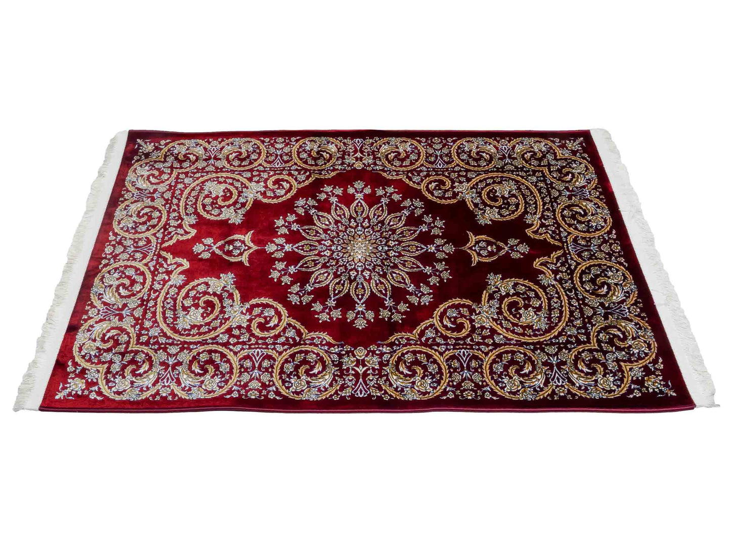 Ghom Maschinenteppich "Arash" 90 x 60 cm aus pflanzlicher Seide (Viskose) mit Spiegel-Medaillon, Rot. Teppichnummer: V4RD054M. Persian Luxury Collection by Khademi. Made in Iran / Persia – Vertrieb durch JUPITER Intl.